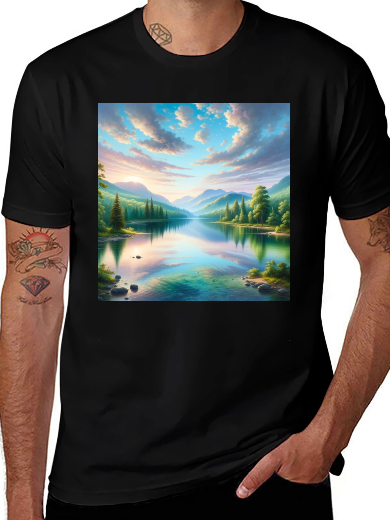 Scenic Mountain Lake Graphic Tee - Soft Black Cotton