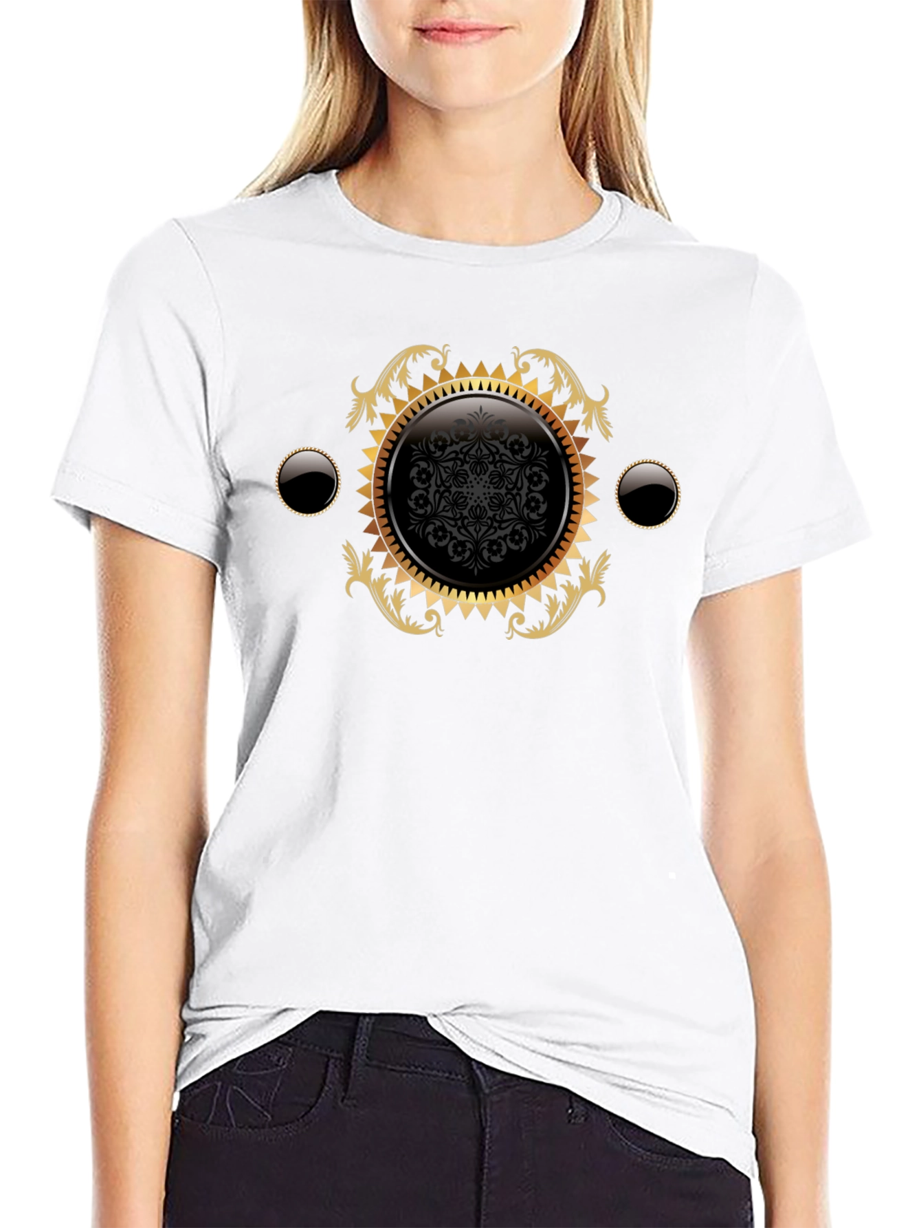Elegant Black Tee with Gold Ornamental Design