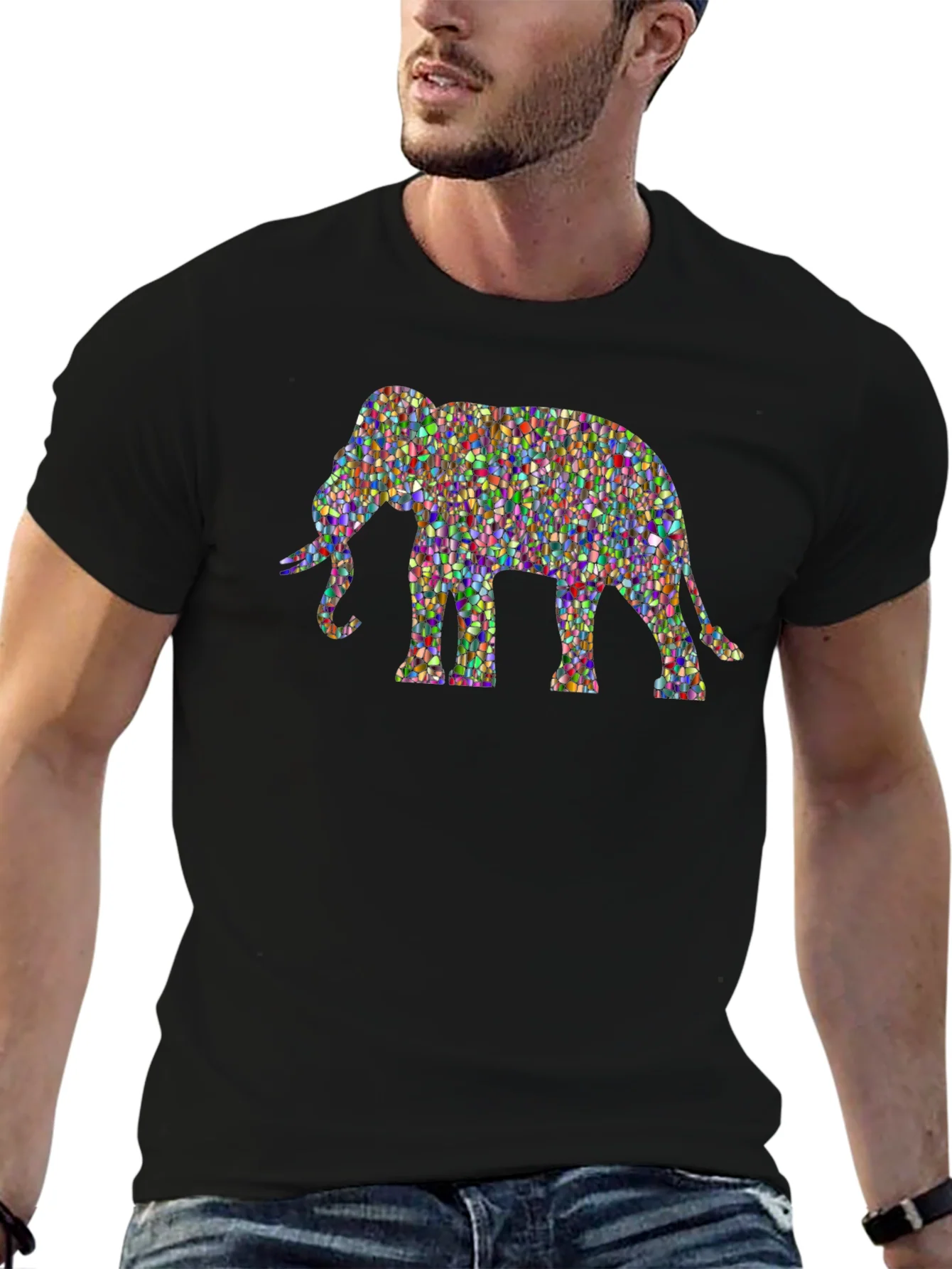 Colorful Elephant Graphic Tee - Black Cotton T-Shirt