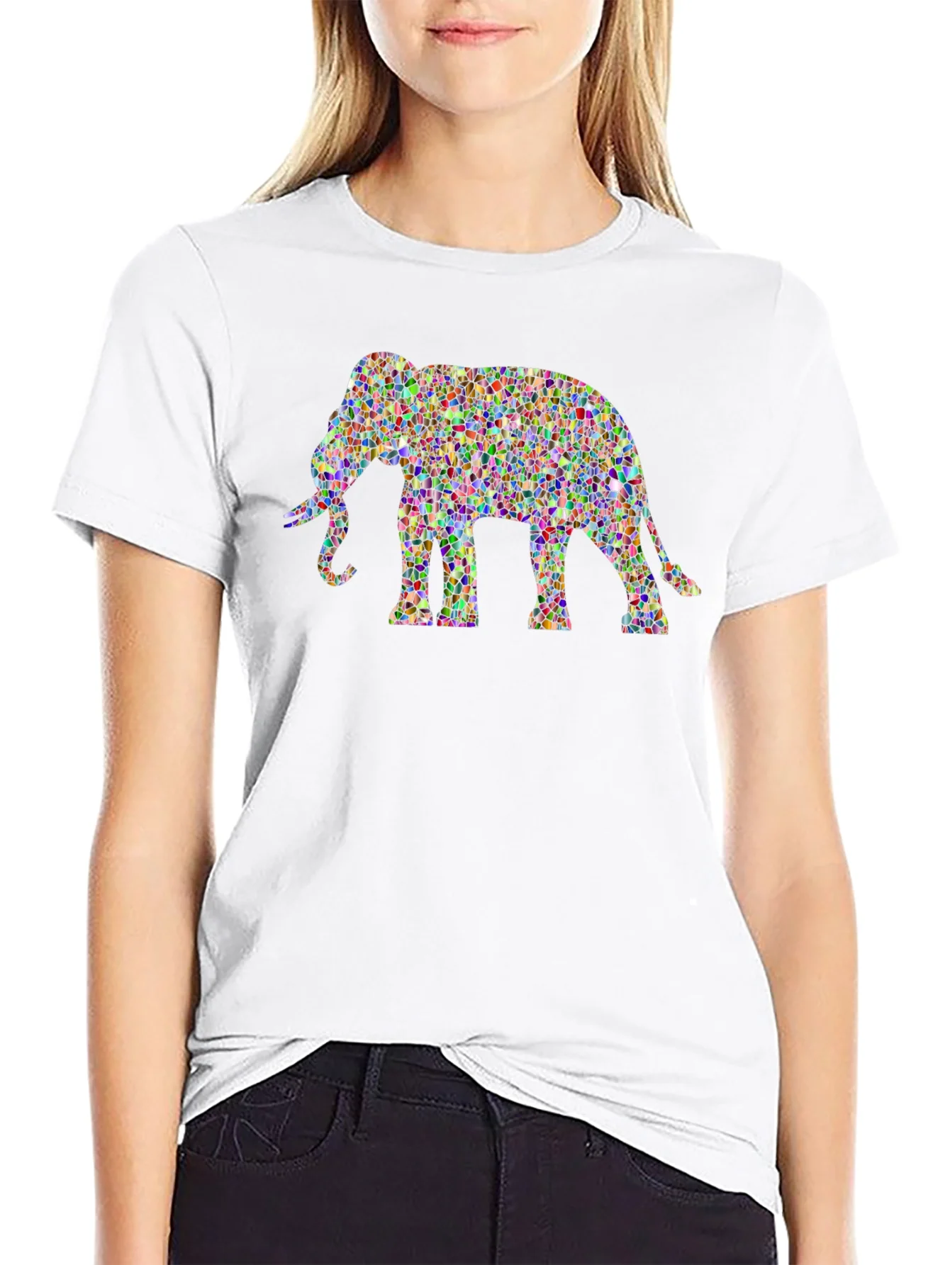 Colorful Elephant Graphic Tee - Black Cotton T-Shirt