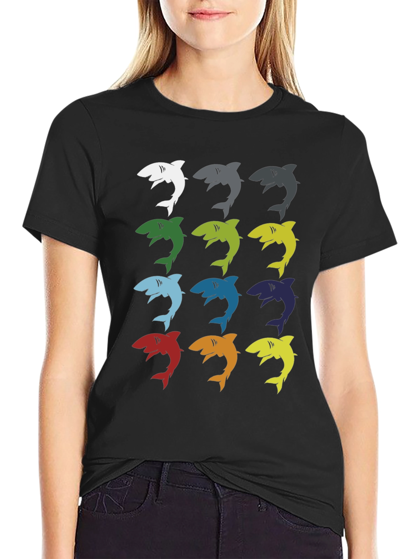 Shark Pop Art Graphic Print Tee - Black
