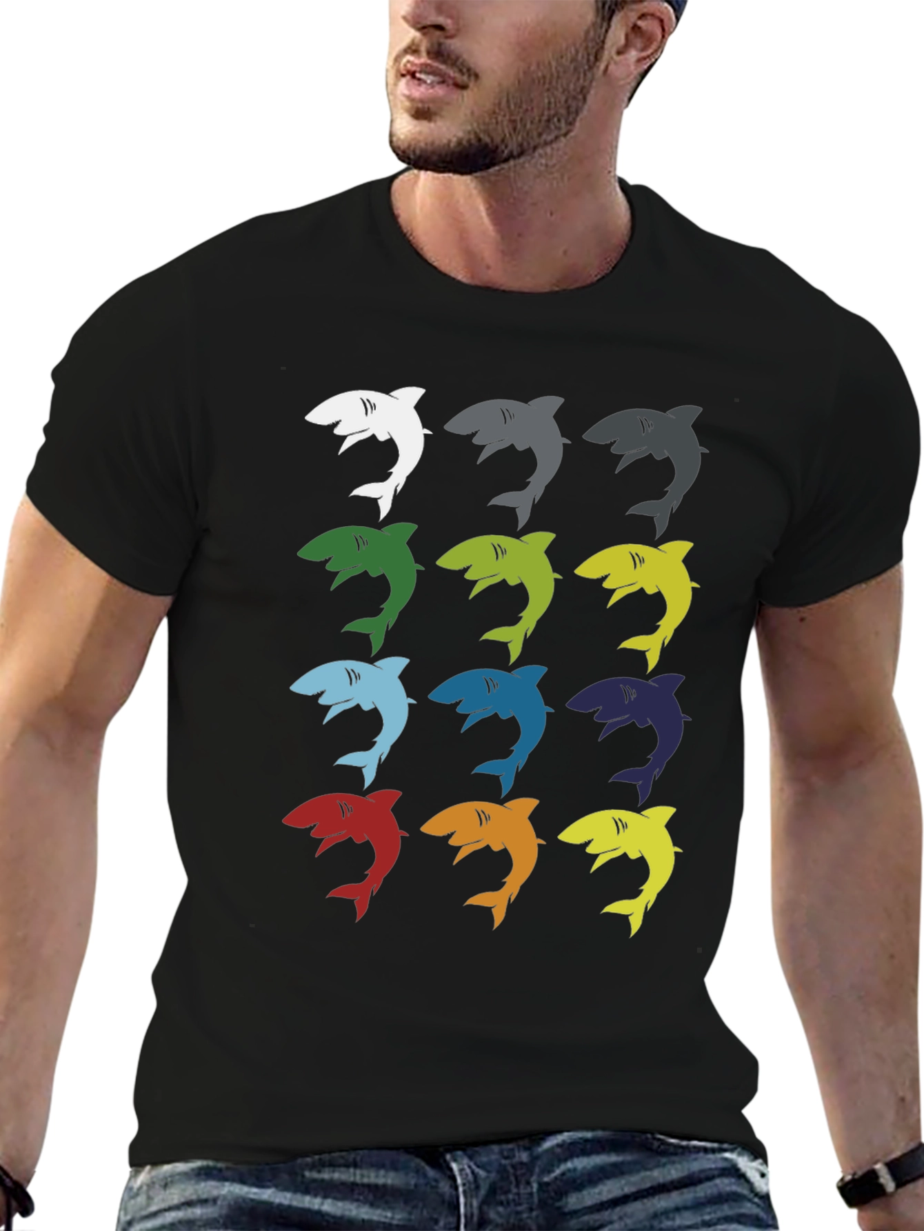 Shark Pop Art Graphic Print Tee - Black
