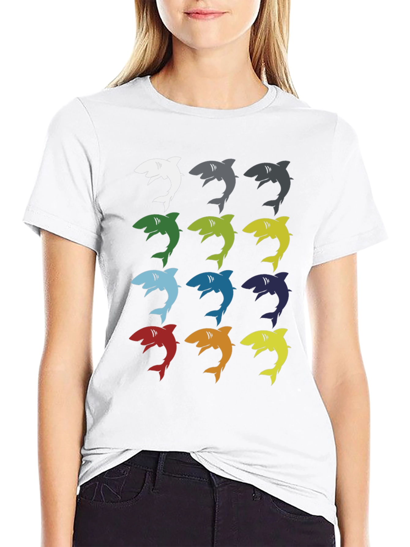 Shark Pop Art Graphic Print Tee - Black