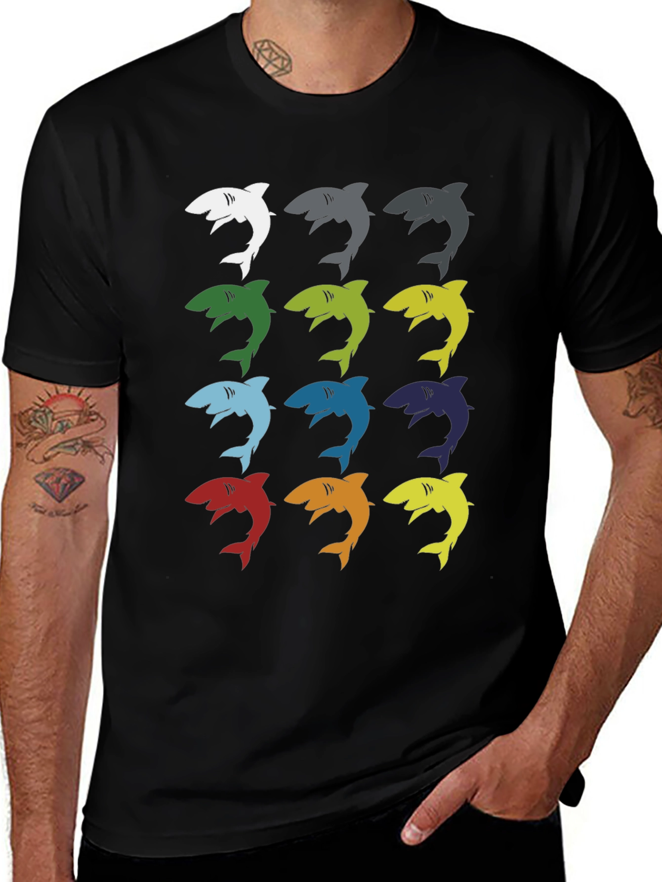 Shark Pop Art Graphic Print Tee - Black
