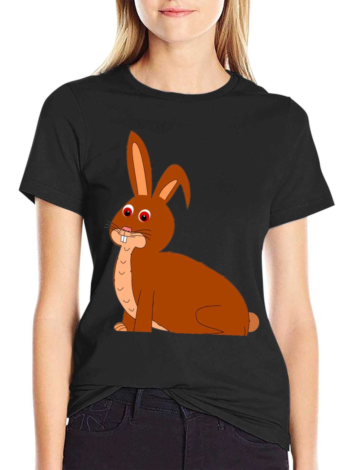 Cartoon Bunny Graphic Tee - Black Cotton Blend