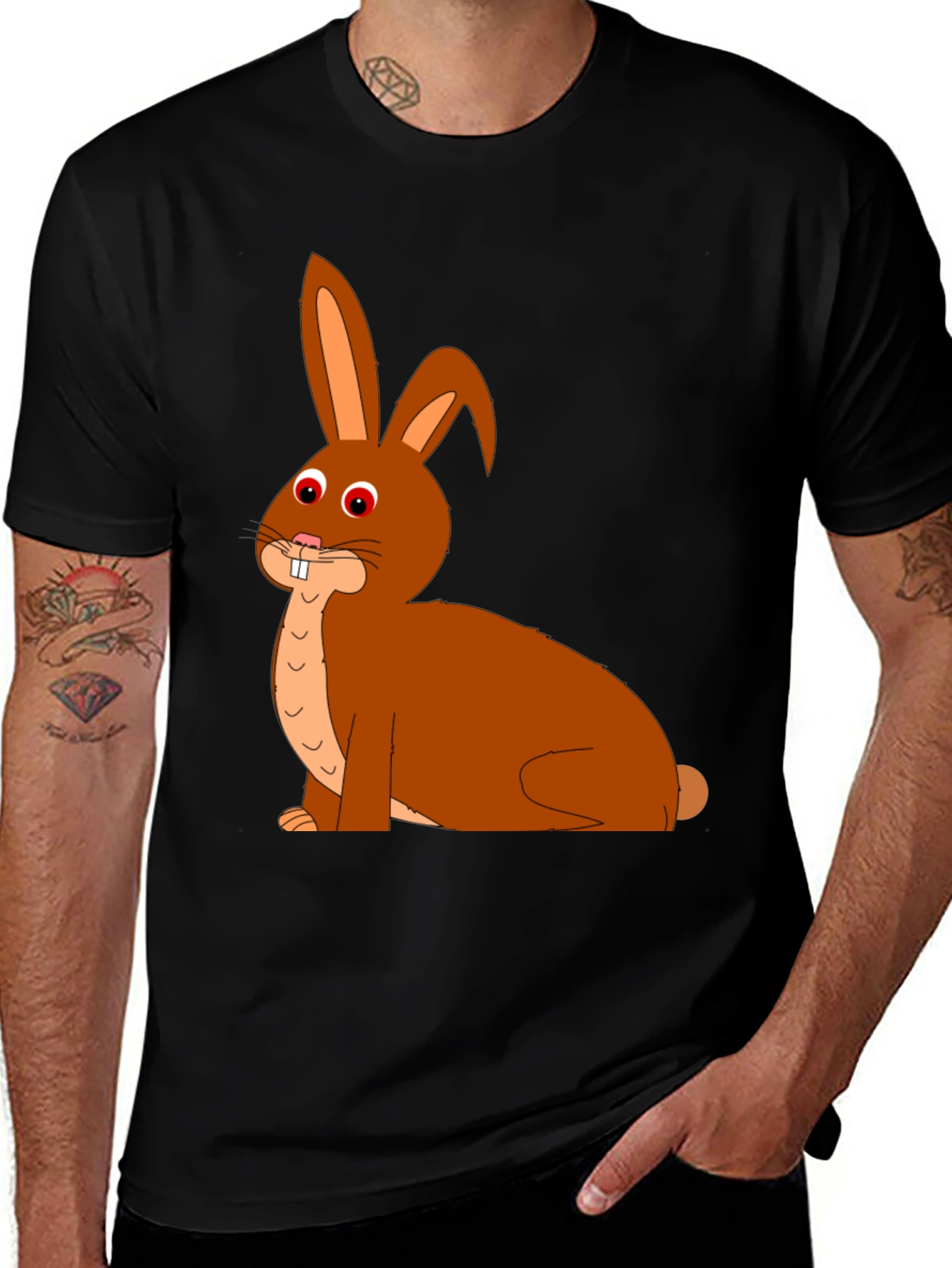 Cartoon Bunny Graphic Tee - Black Cotton Blend