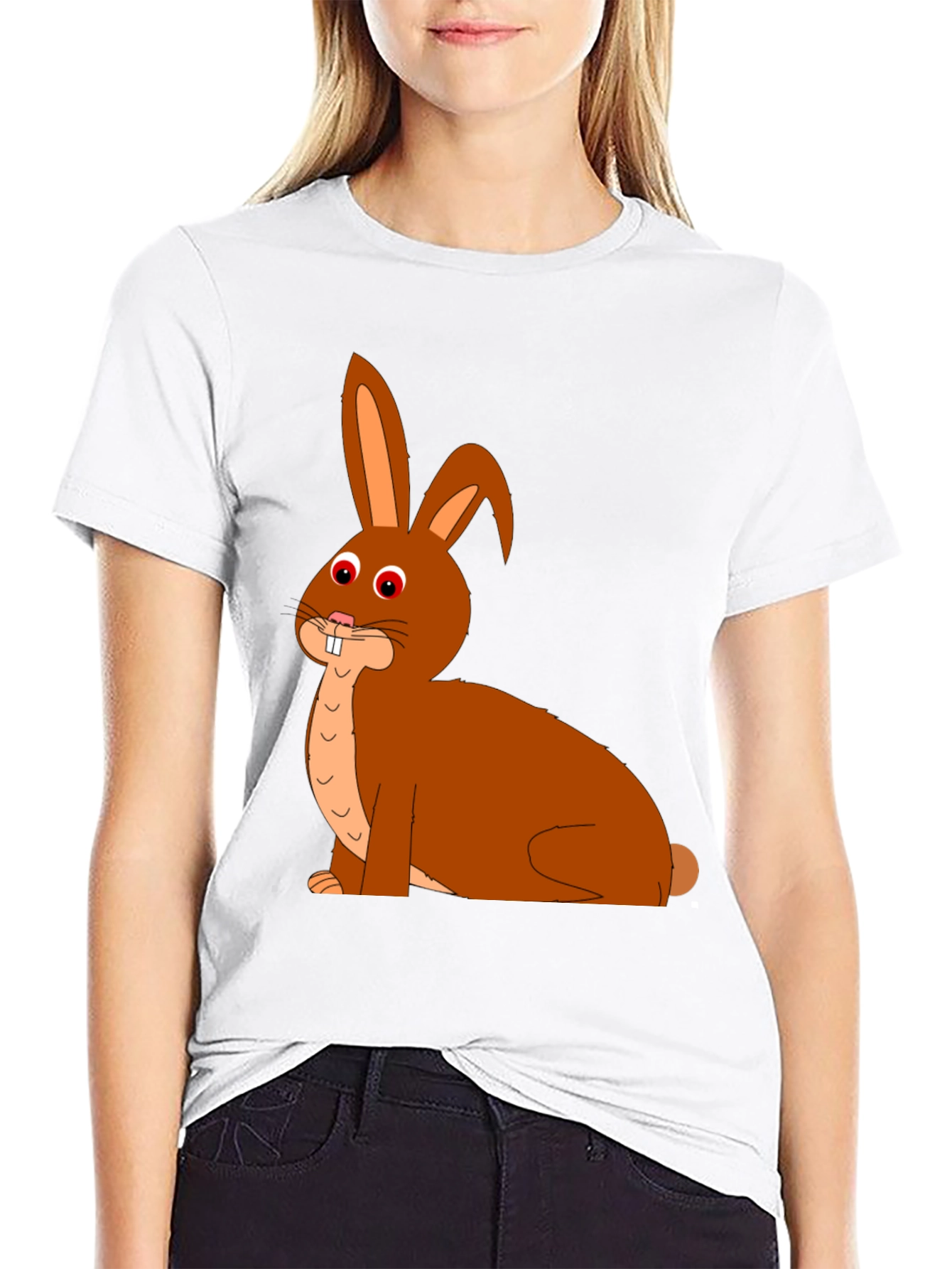 Cartoon Bunny Graphic Tee - Black Cotton Blend