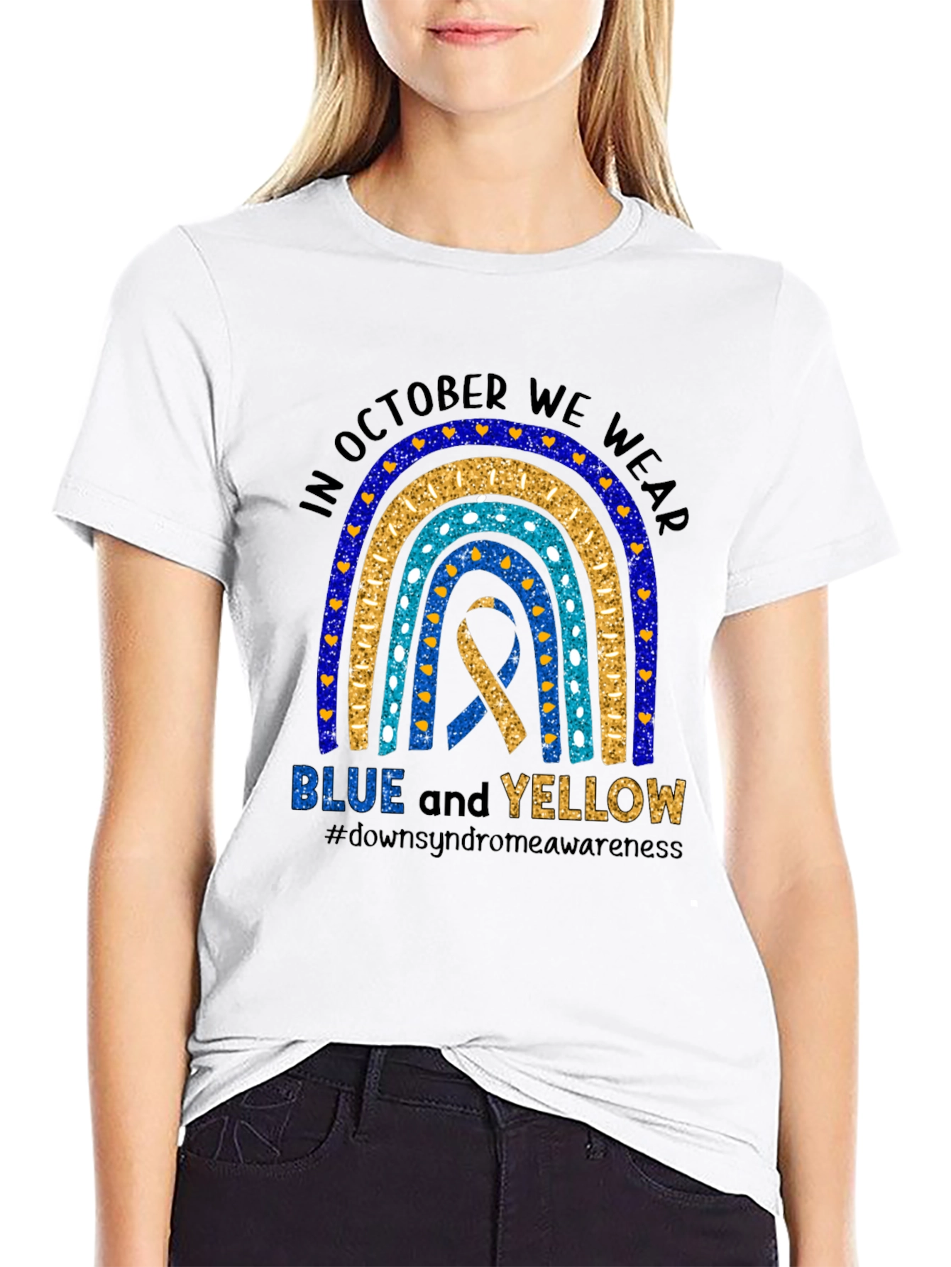 Down Syndrome Awareness T-Shirt - Blue and Yellow Ribbon