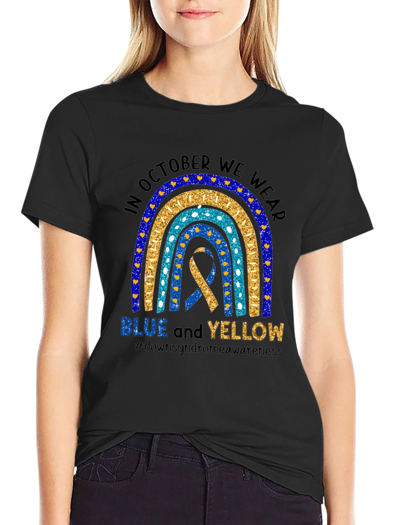 Down Syndrome Awareness T-Shirt - Blue and Yellow Ribbon