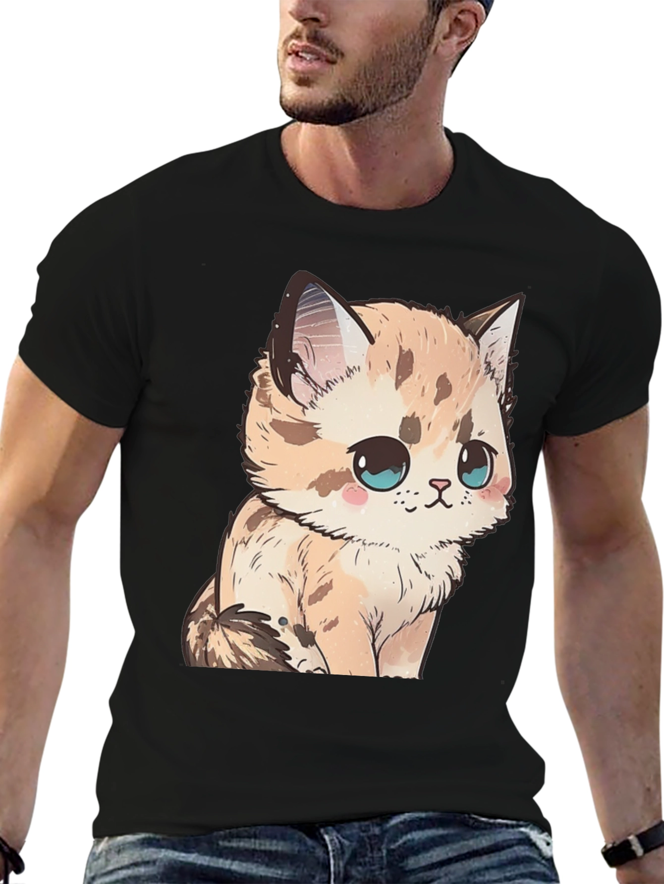 Cute Kitten Graphic Tee - Soft Black Cotton Shirt