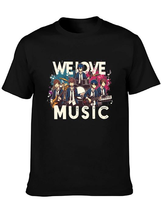 We Love Music Anime Band Graphic Black T-Shirt