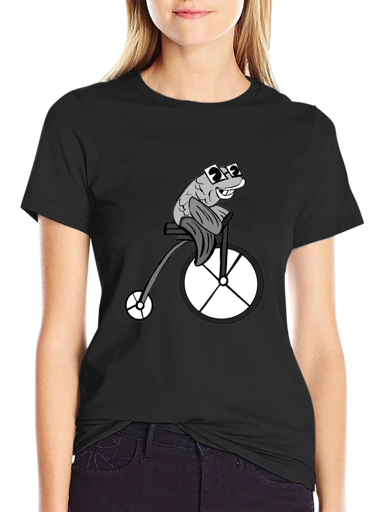 Funny Fish on a Bike Graphic T-Shirt - Black
