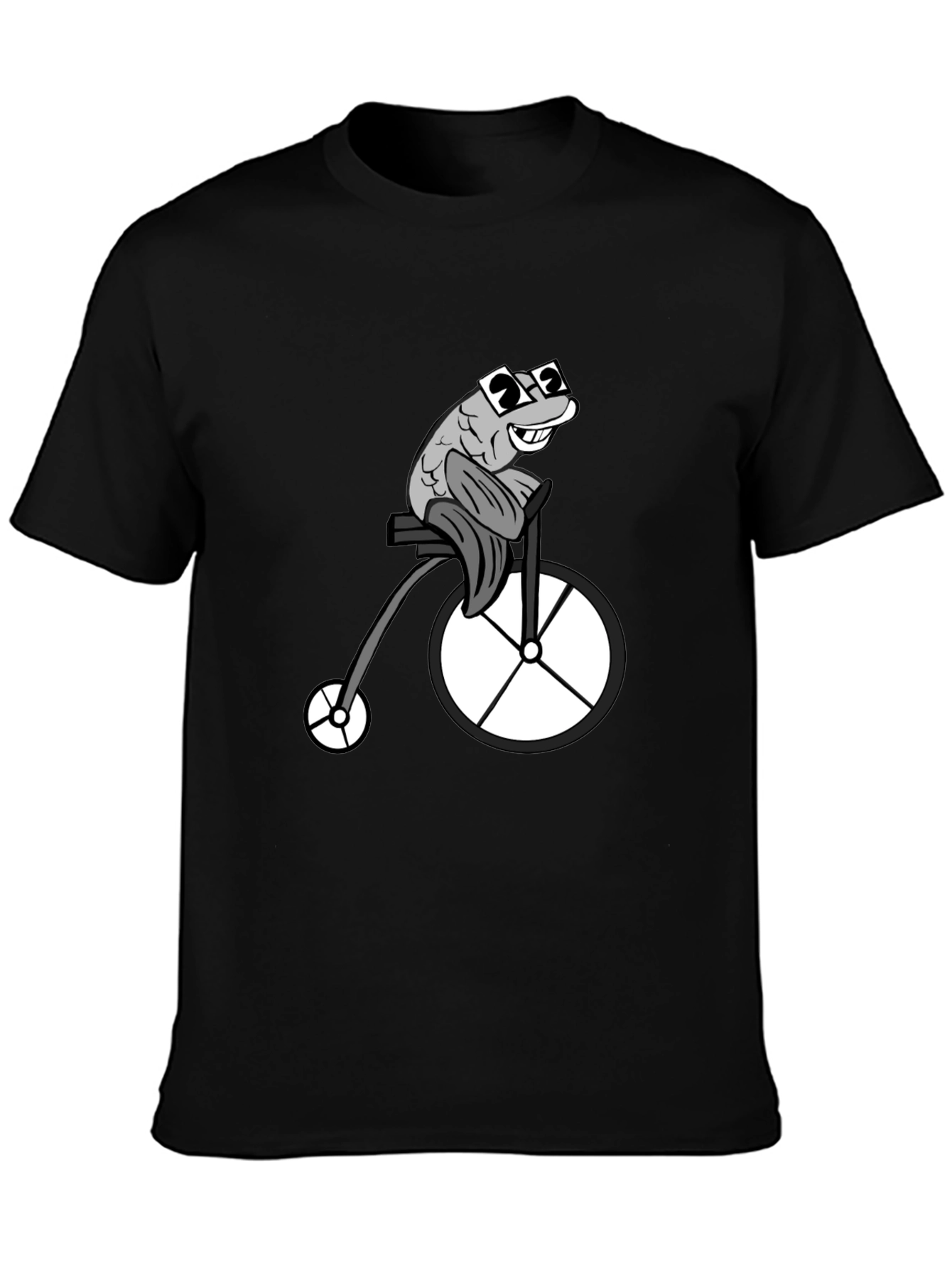 Funny Fish on a Bike Graphic T-Shirt - Black