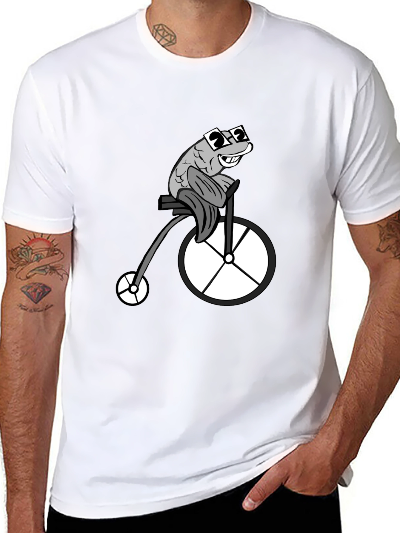 Funny Fish on a Bike Graphic T-Shirt - Black