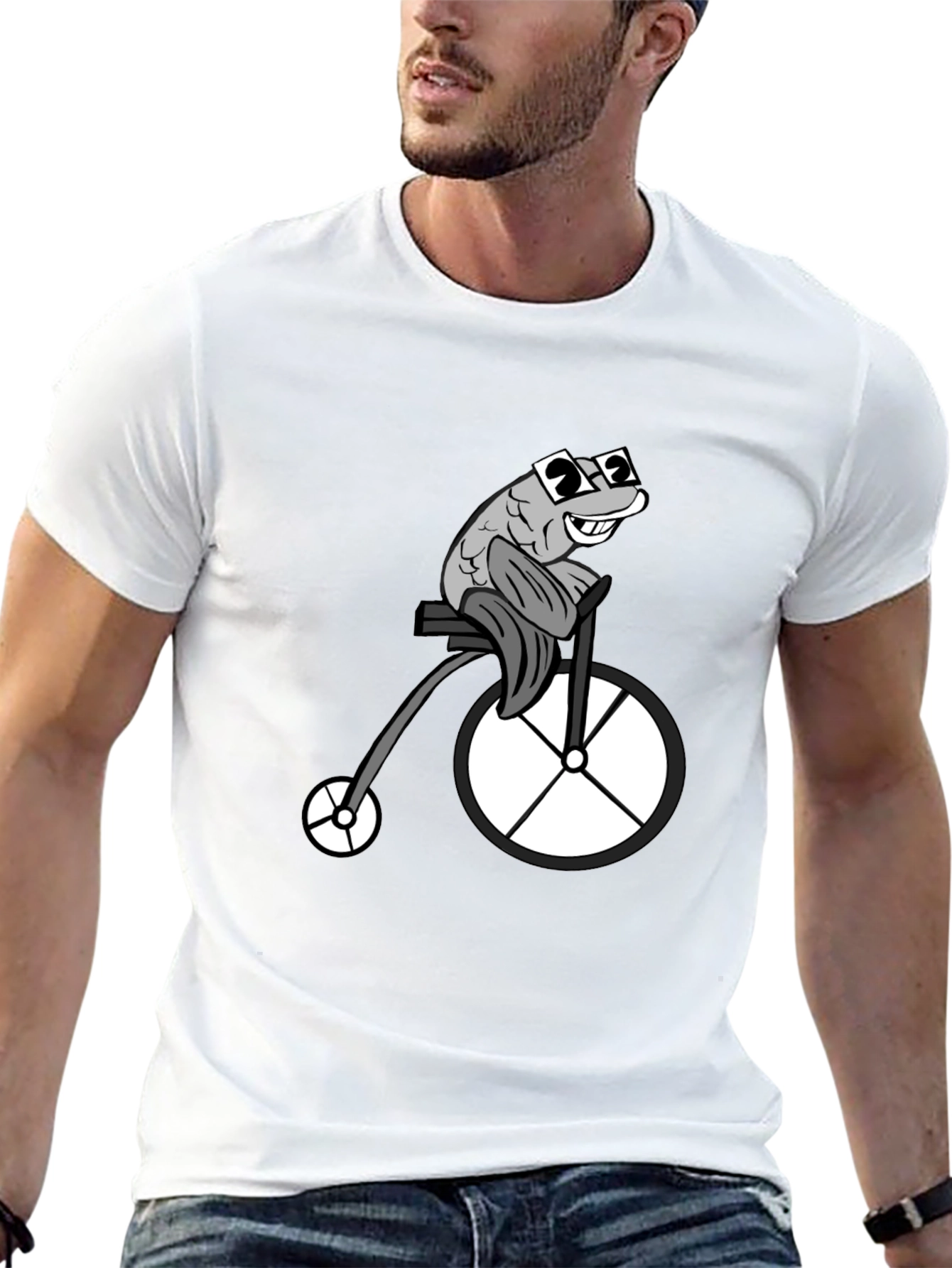 Funny Fish on a Bike Graphic T-Shirt - Black