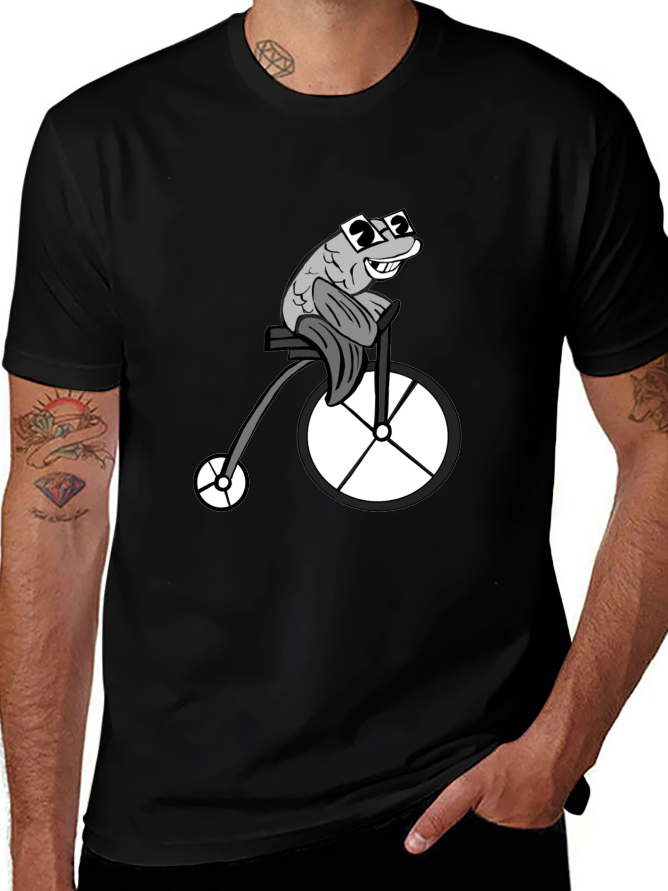Funny Fish on a Bike Graphic T-Shirt - Black