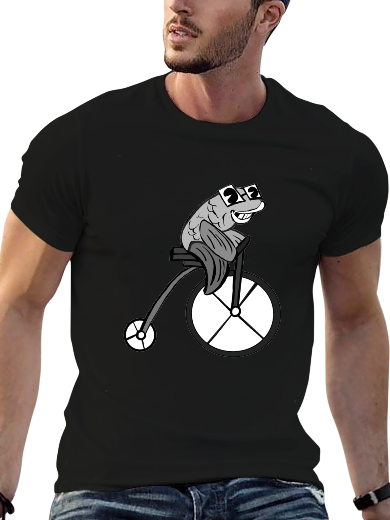 Funny Fish on a Bike Graphic T-Shirt - Black
