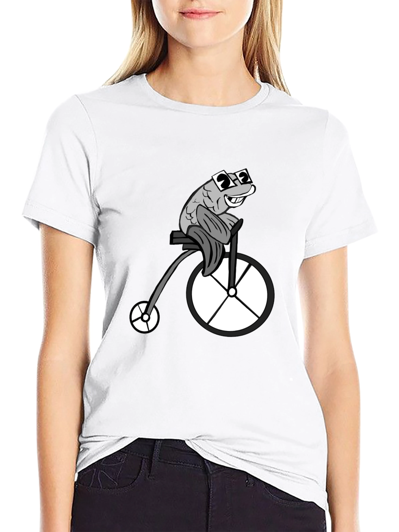 Funny Fish on a Bike Graphic T-Shirt - Black