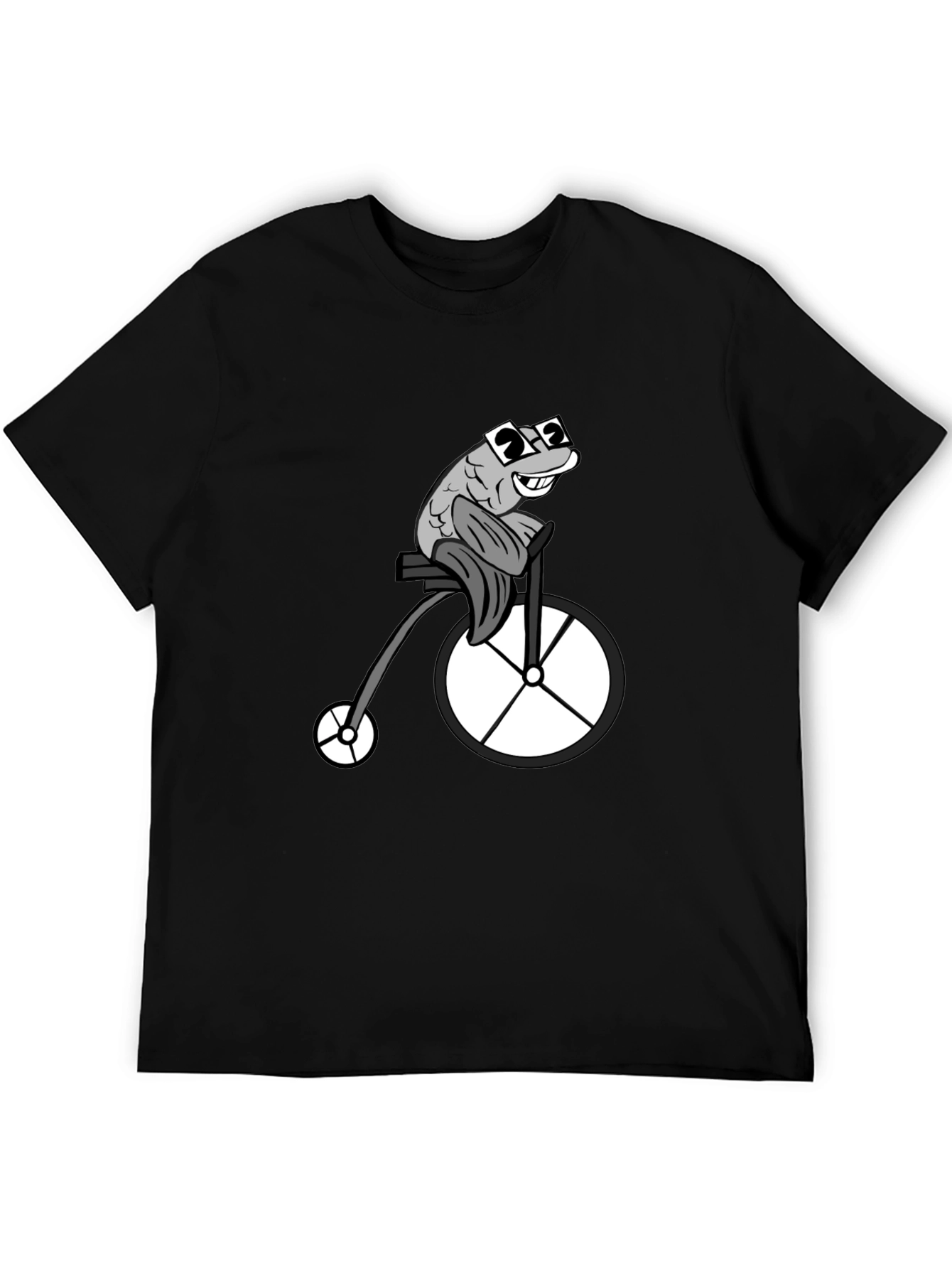 Funny Fish on a Bike Graphic T-Shirt - Black