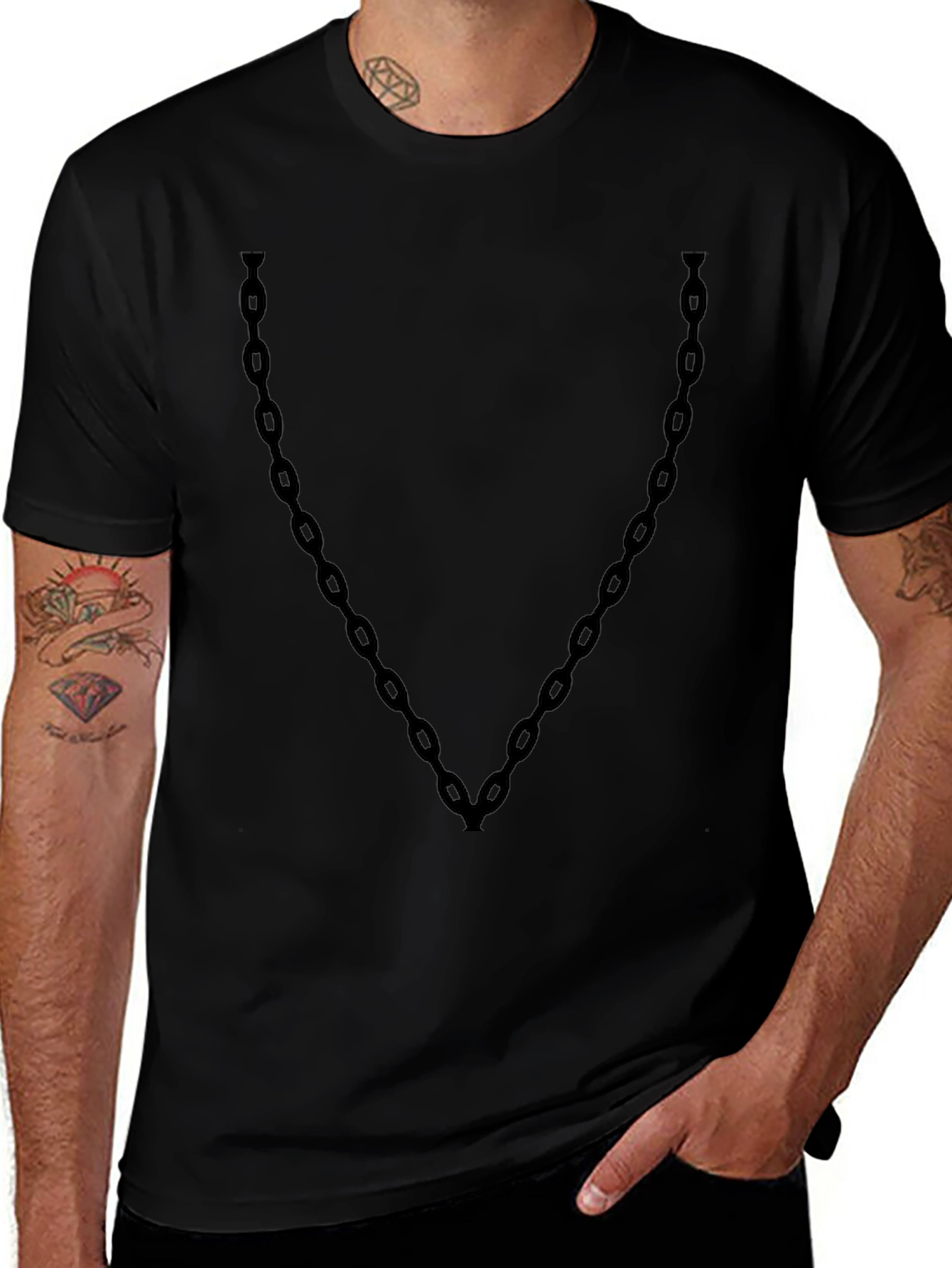 Mens Black Chain V-Neck T-Shirt