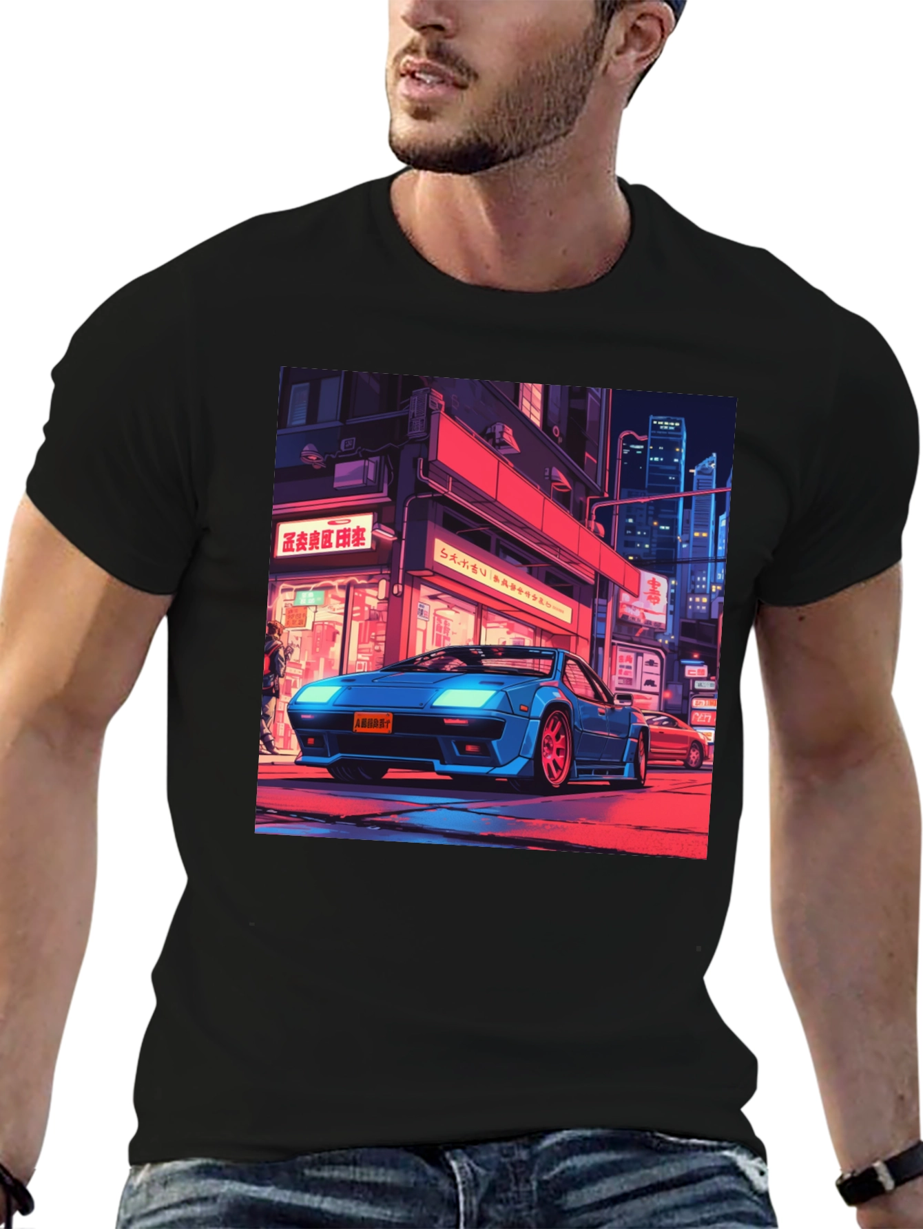 Retro Car Graphic Tee - Black Cotton T-Shirt