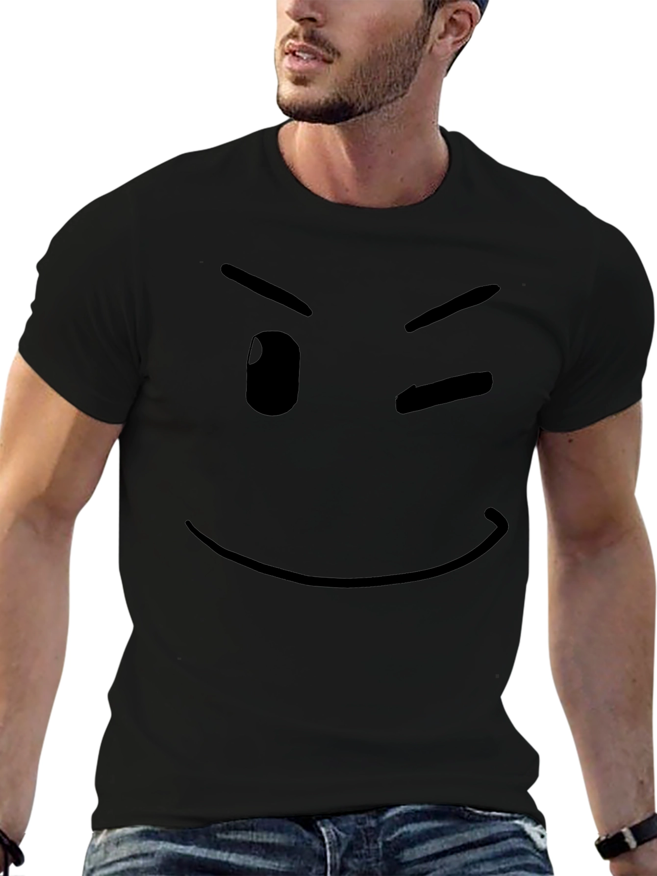 Winking Face Graphic T-Shirt - Casual Black Tee