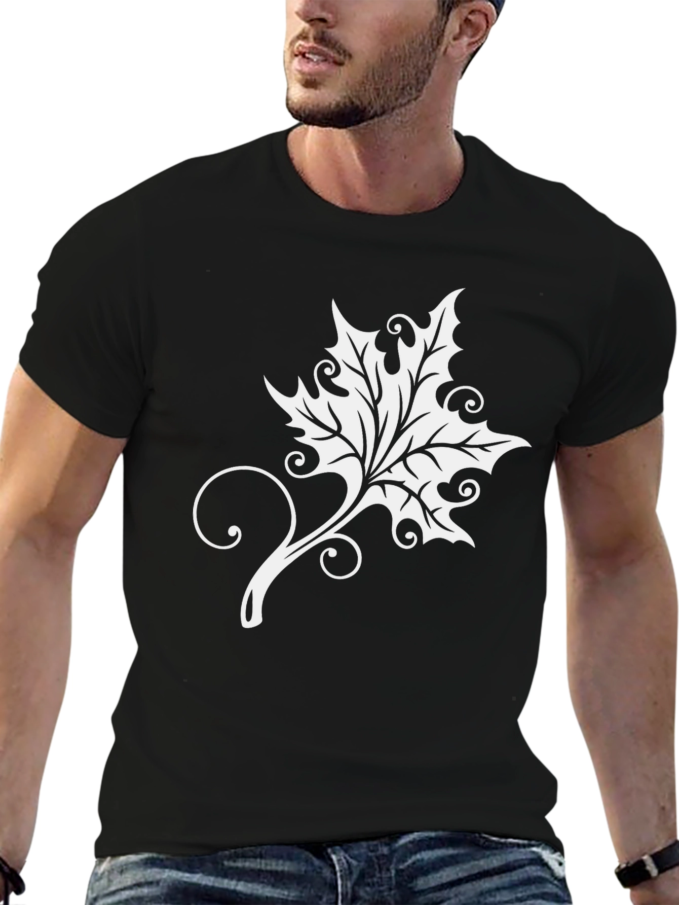 Elegant Leaf Graphic Tee - Soft Black Cotton Blend