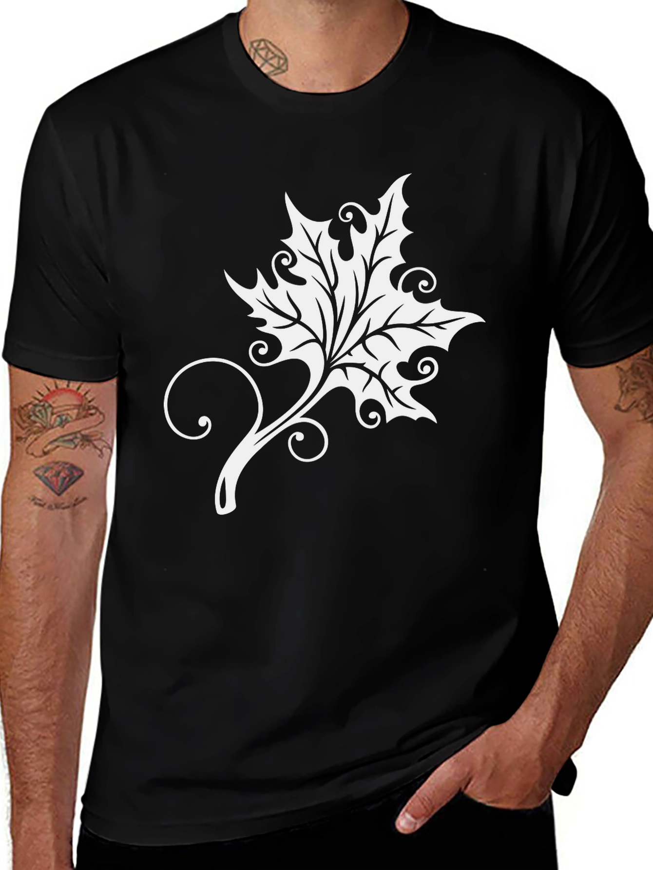 Elegant Leaf Graphic Tee - Soft Black Cotton Blend