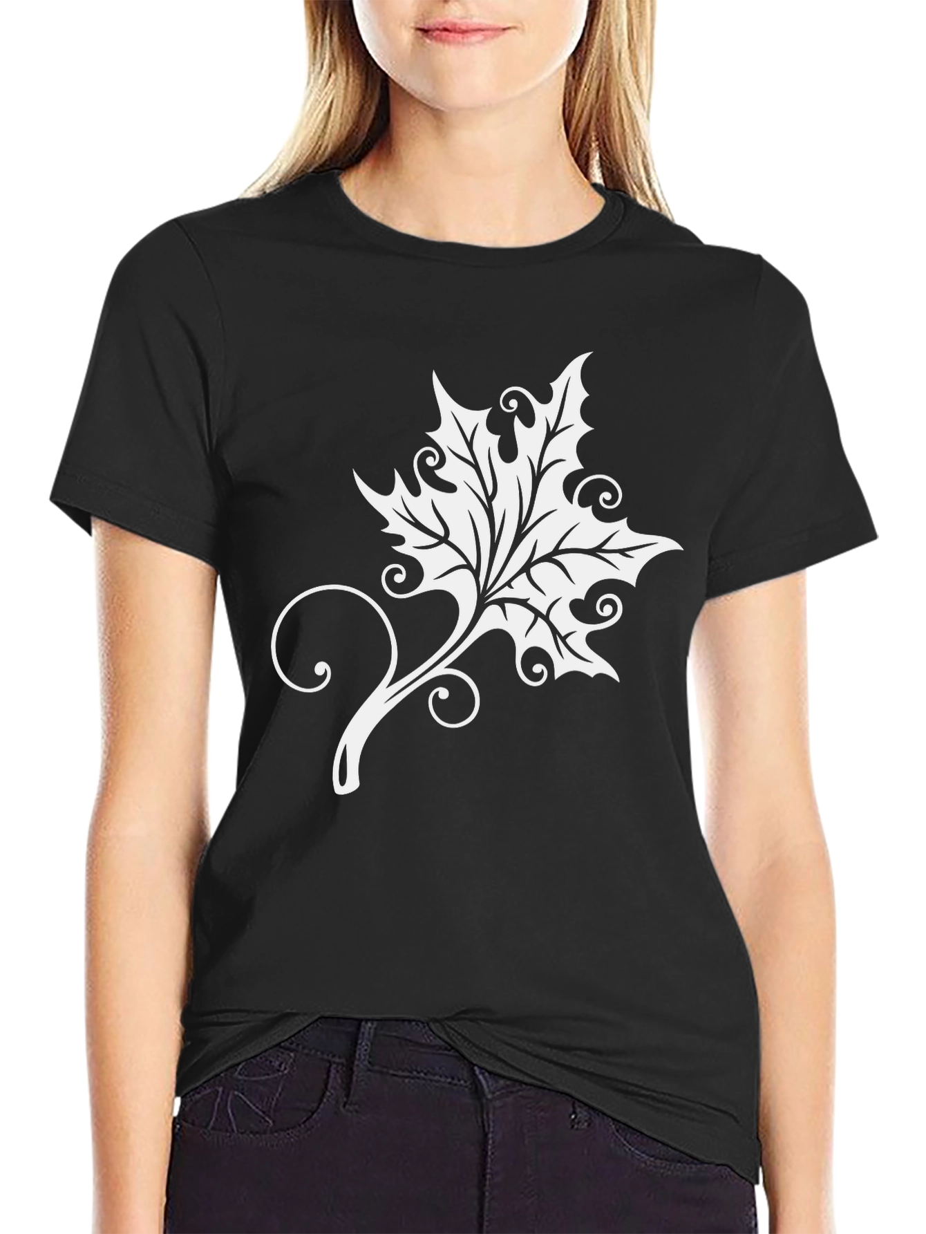 Elegant Leaf Graphic Tee - Soft Black Cotton Blend