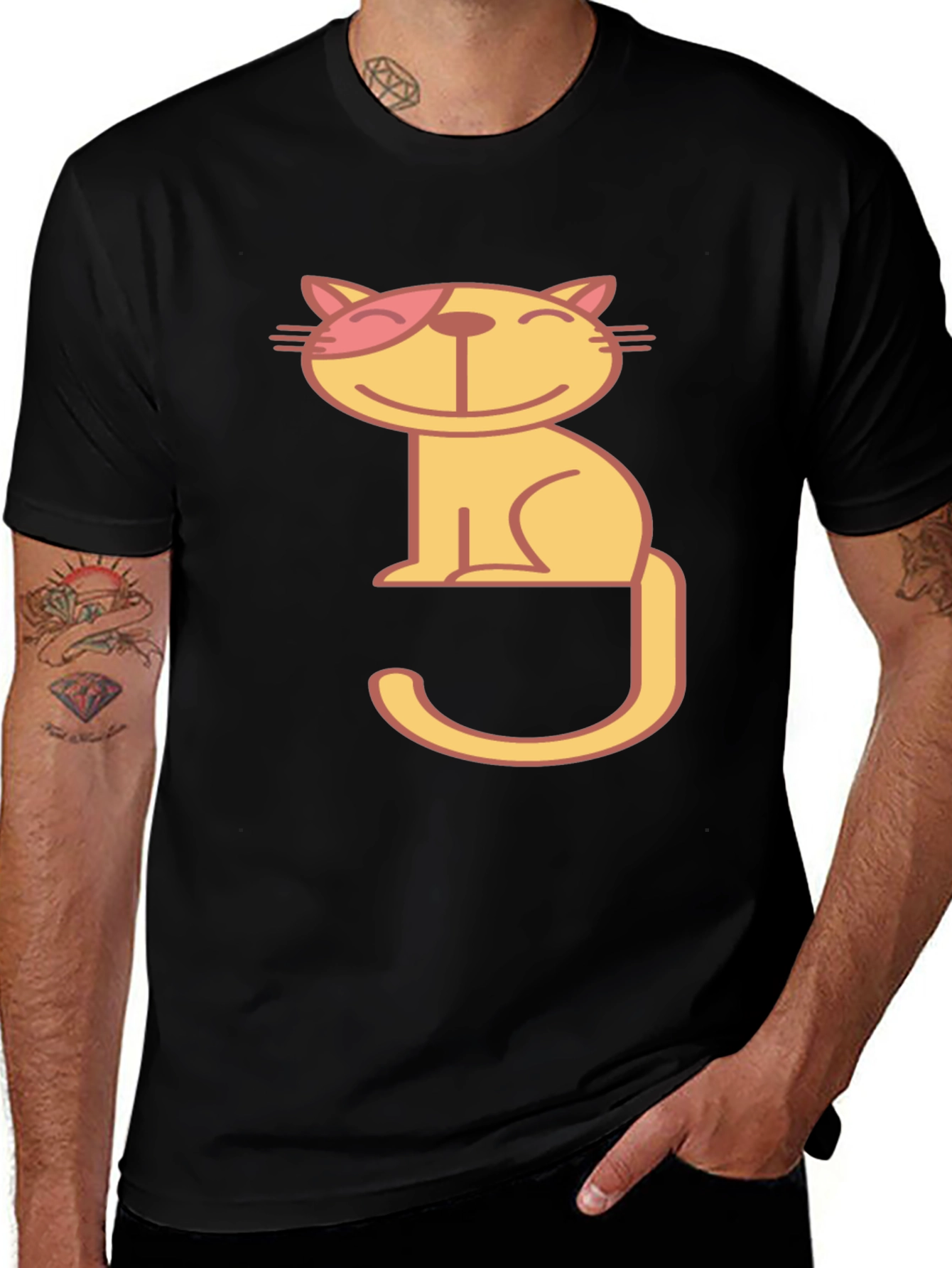 Winking Cat Graphic Tee - Black Cotton T-Shirt
