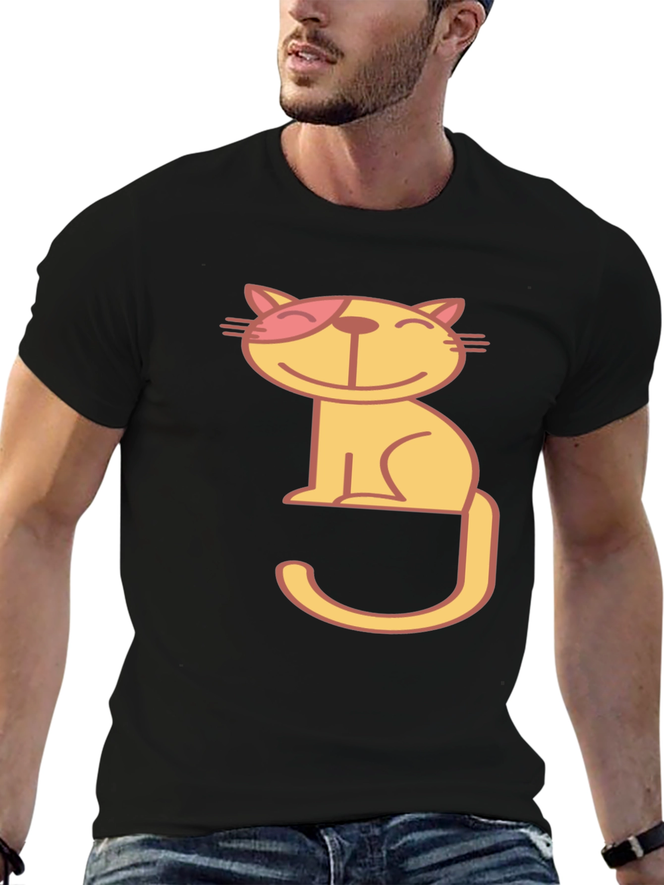 Winking Cat Graphic Tee - Black Cotton T-Shirt