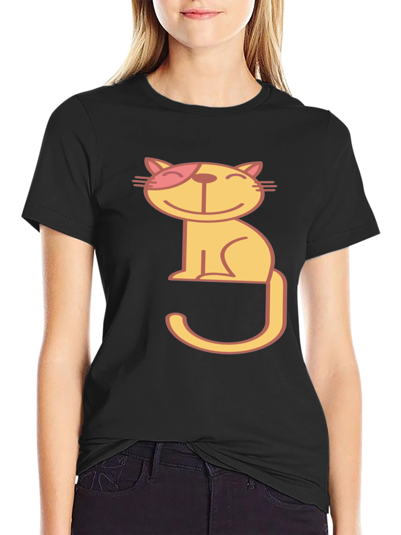 Winking Cat Graphic Tee - Black Cotton T-Shirt