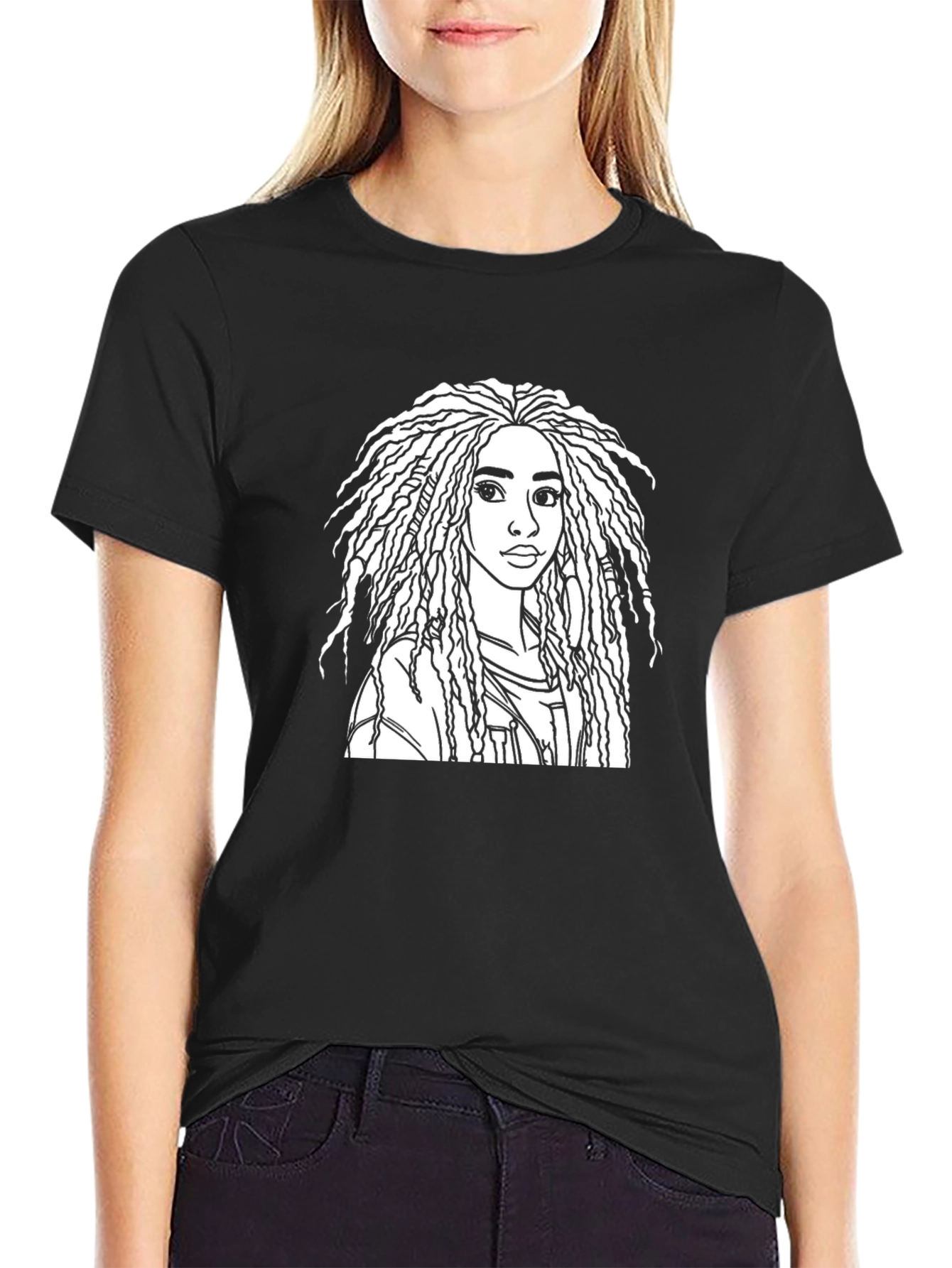 Stylish Black T-Shirt with Woman Portrait