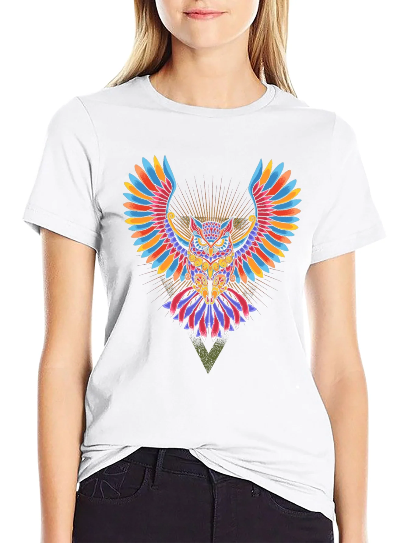 Colorful Owl Graphic Print Black T-Shirt