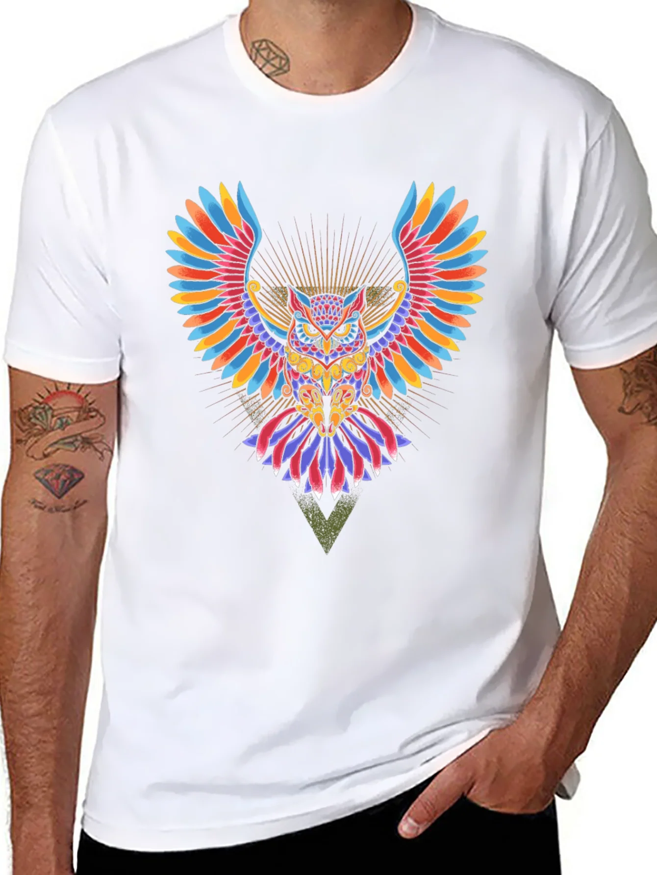 Colorful Owl Graphic Print Black T-Shirt