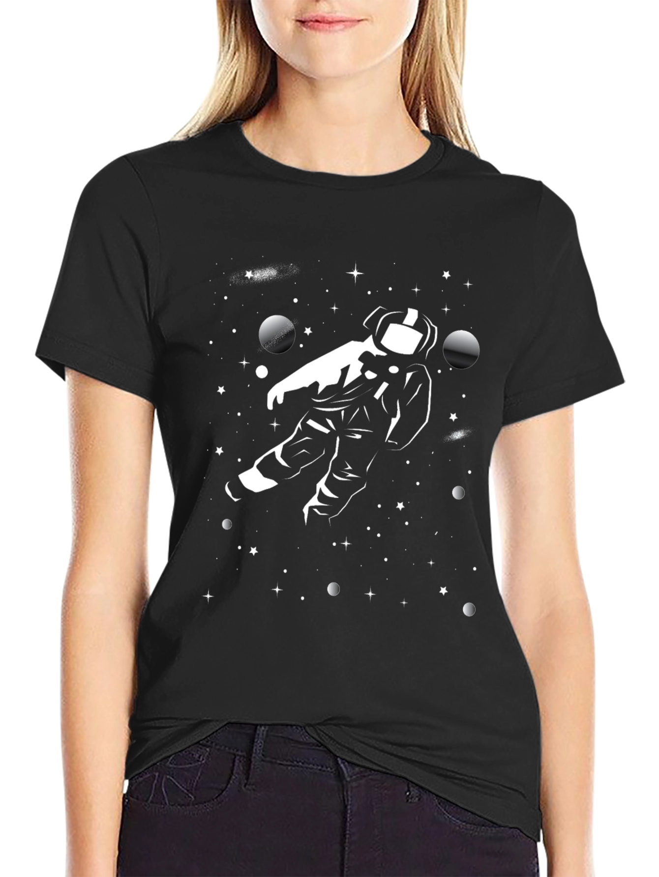 Astronaut in Space Graphic Tee - Black Cotton T-Shirt