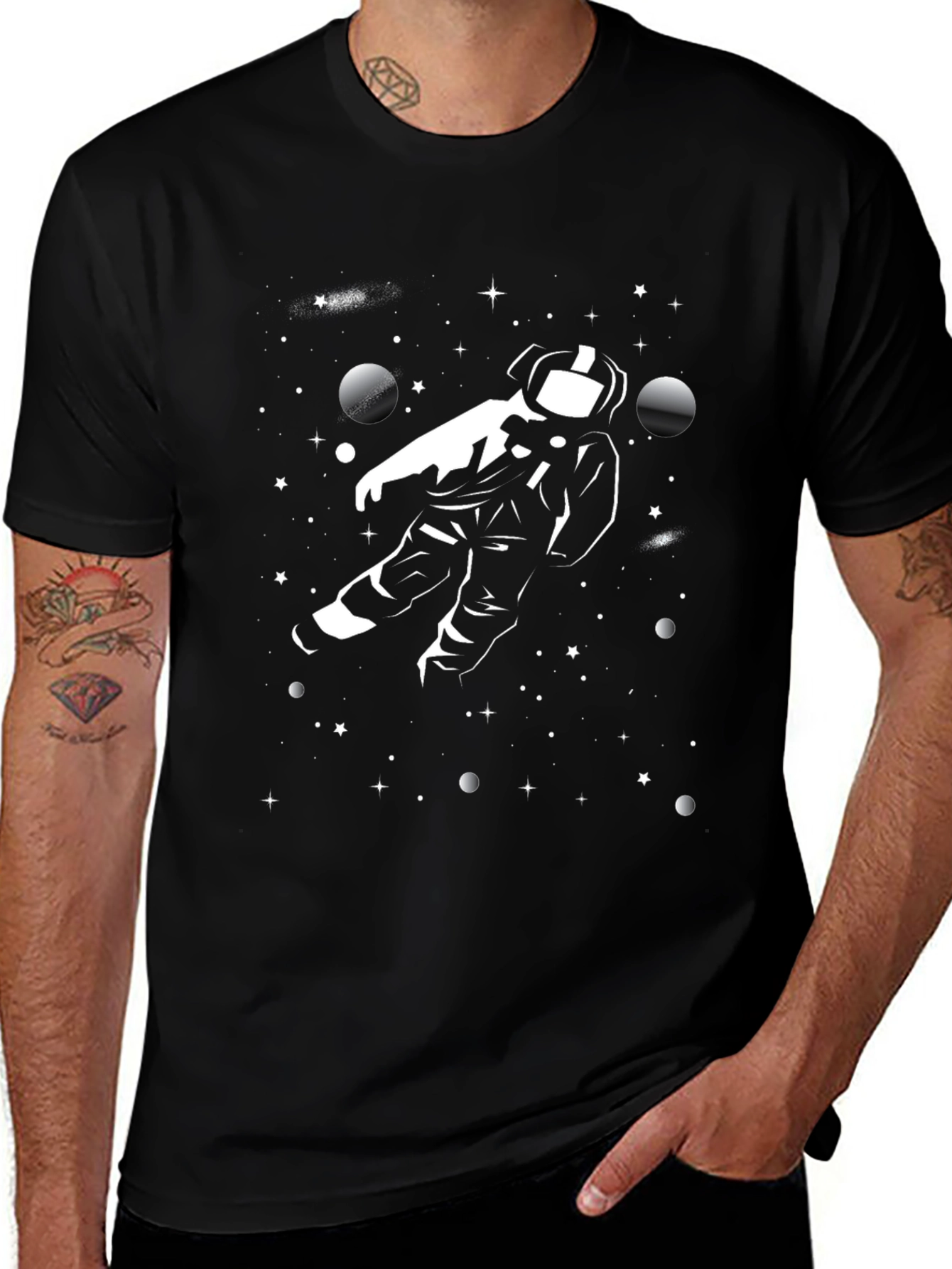 Astronaut in Space Graphic Tee - Black Cotton T-Shirt