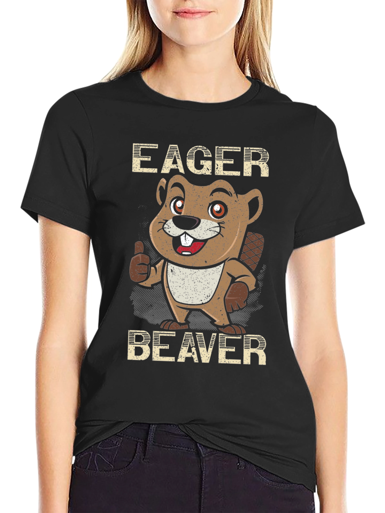 Eager Beaver Cartoon Graphic Tee - Black