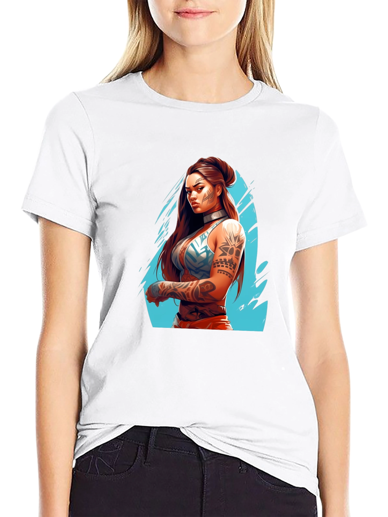 Tattooed Warrior Woman Graphic Black T-Shirt