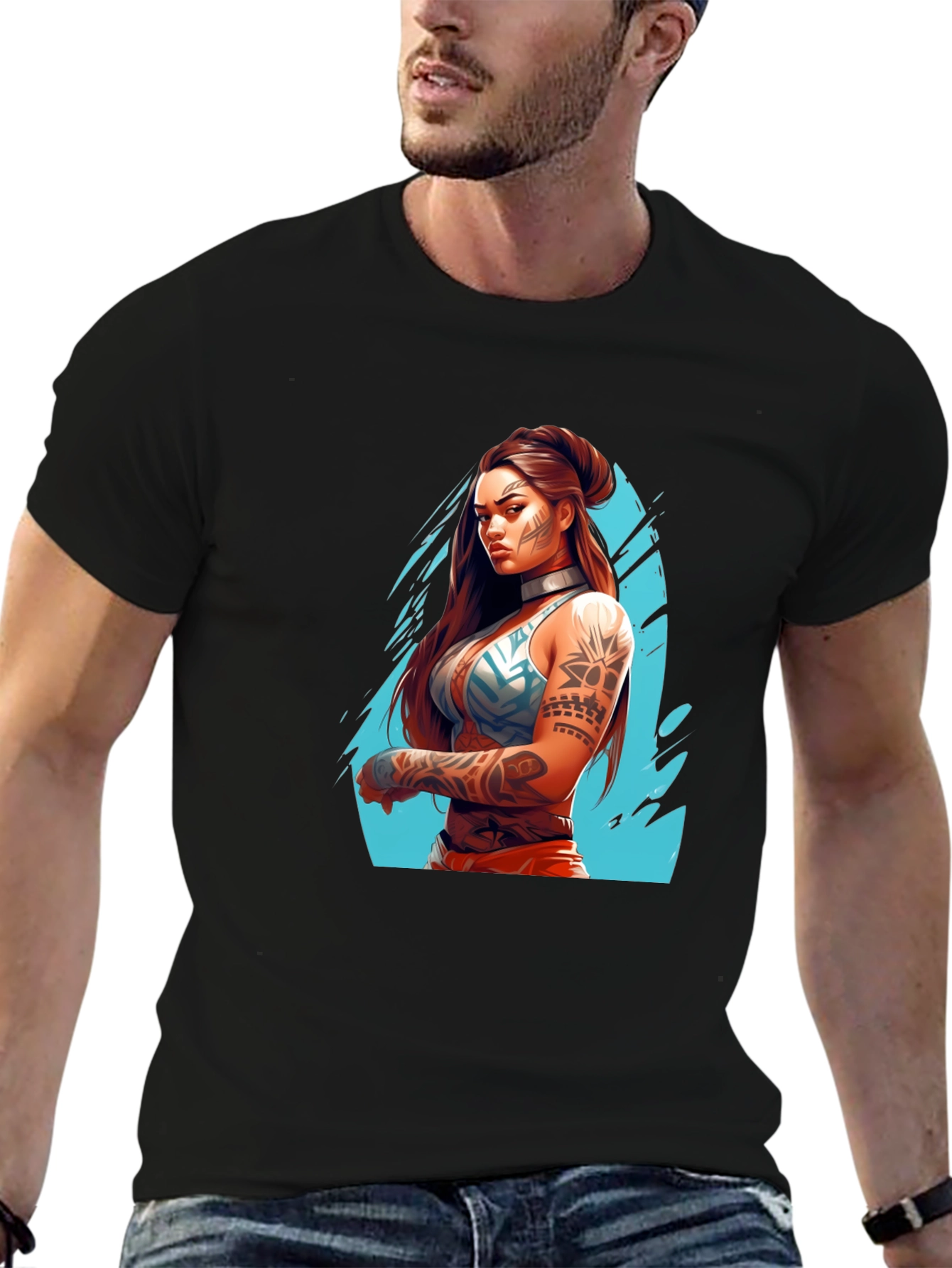 Tattooed Warrior Woman Graphic Black T-Shirt