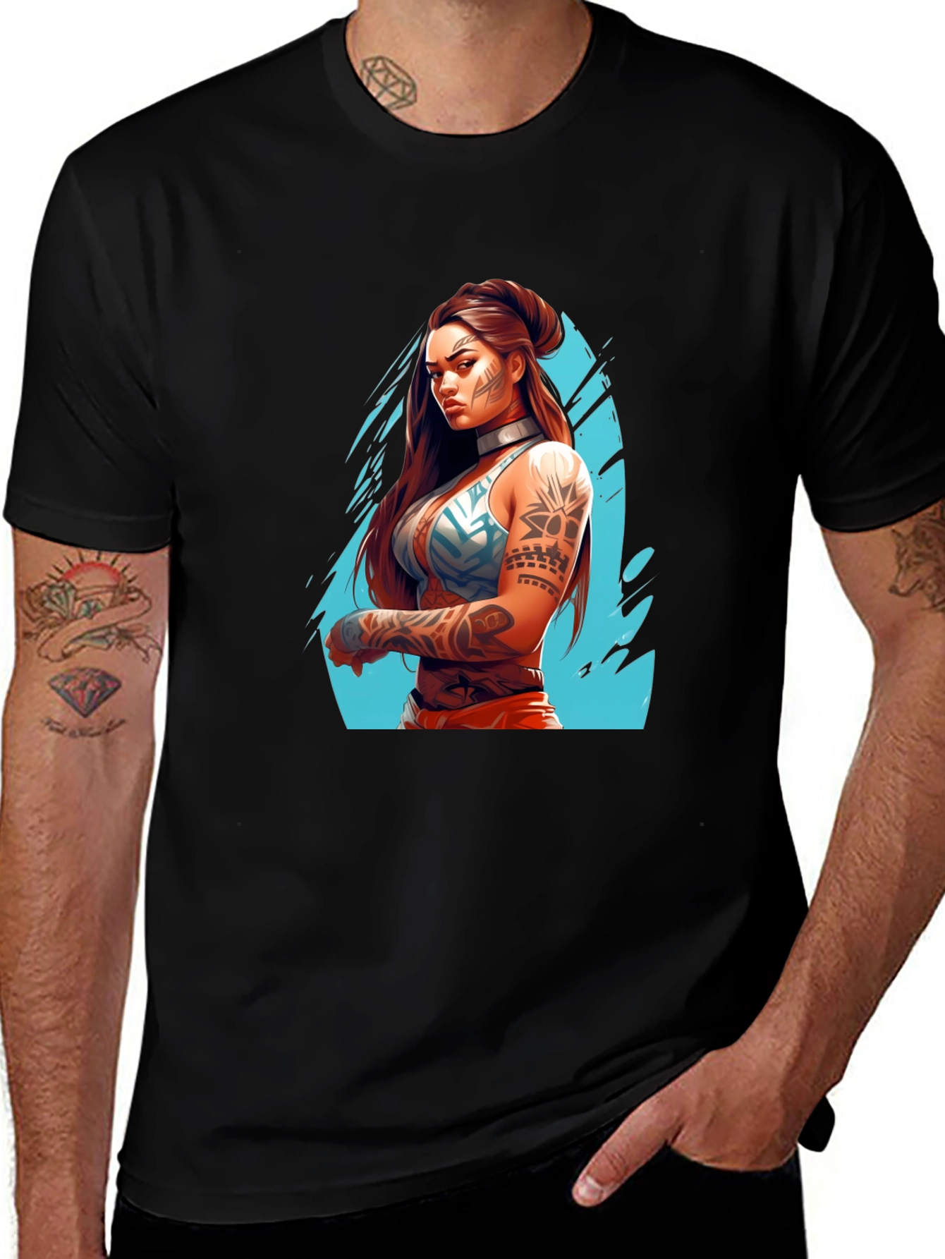 Tattooed Warrior Woman Graphic Black T-Shirt