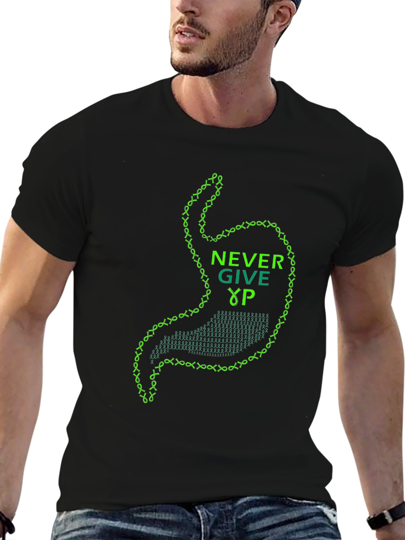 Never Give Up Stomach Graphic Tee - Black