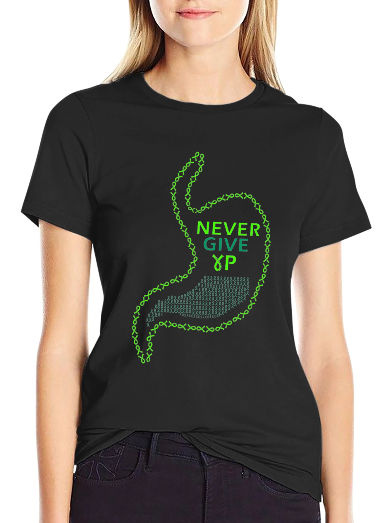 Never Give Up Stomach Graphic Tee - Black