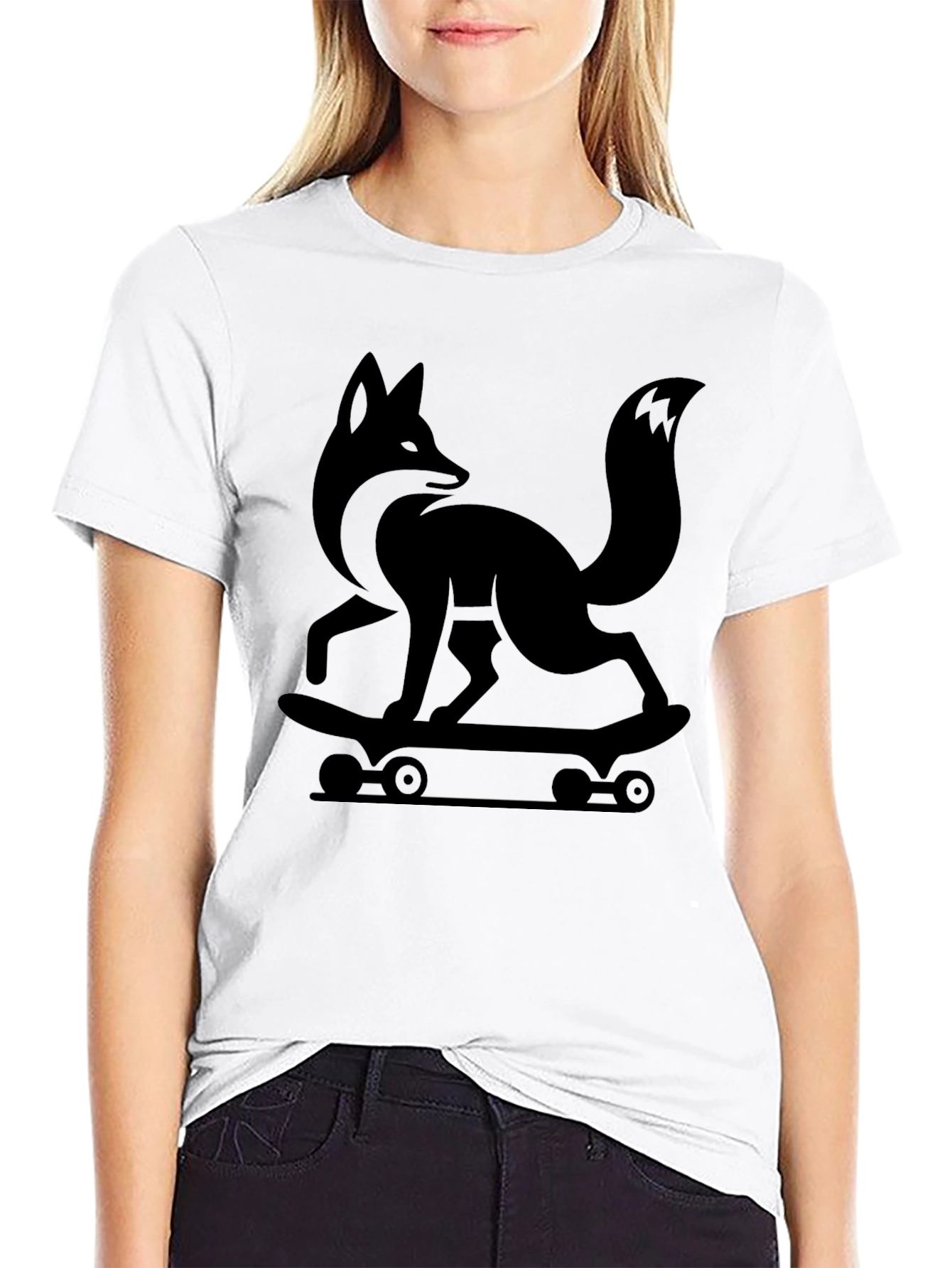 Cool Fox Skateboarder Graphic Tee - Black