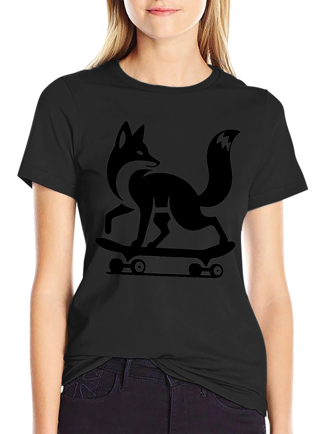 Cool Fox Skateboarder Graphic Tee - Black