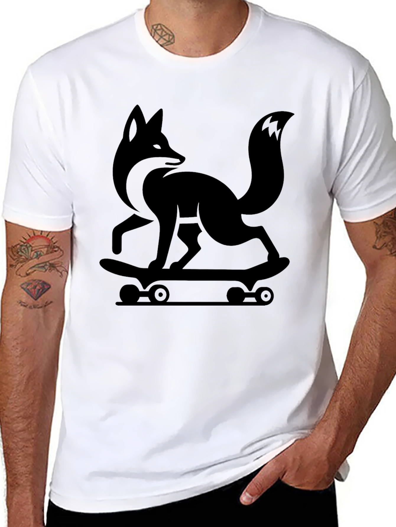 Cool Fox Skateboarder Graphic Tee - Black