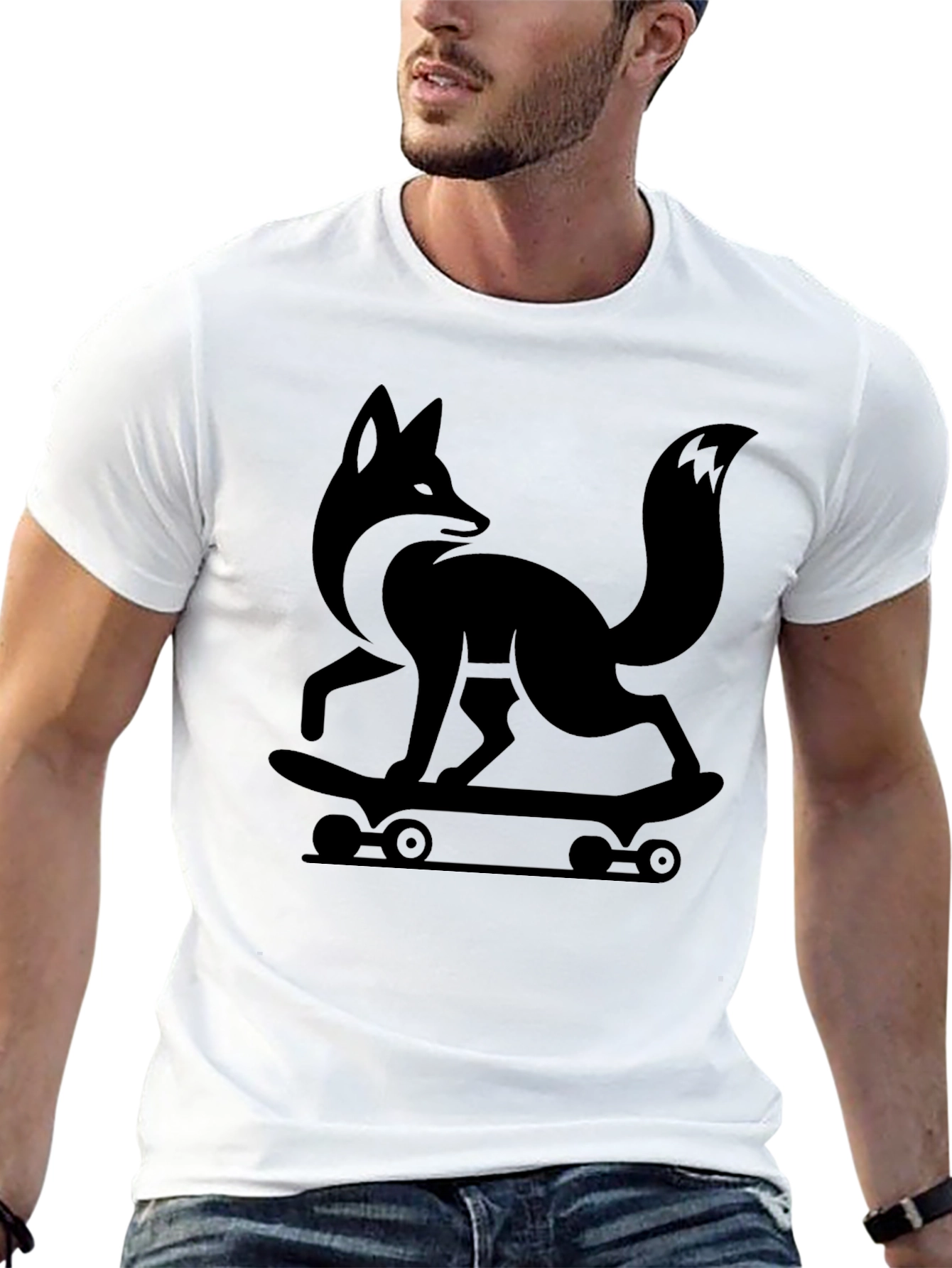 Cool Fox Skateboarder Graphic Tee - Black