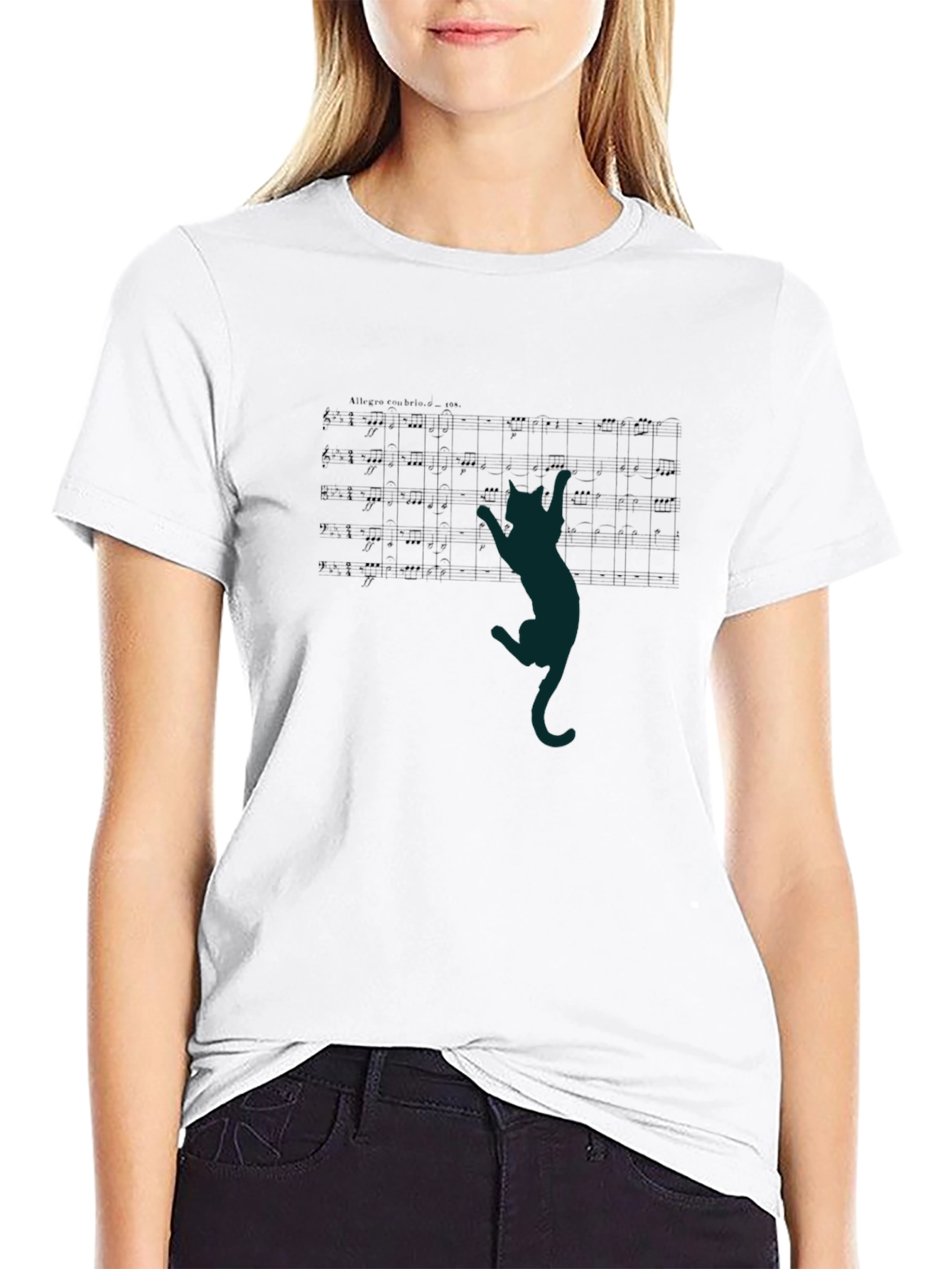 Cat Climbs Sheet Music Black T-Shirt