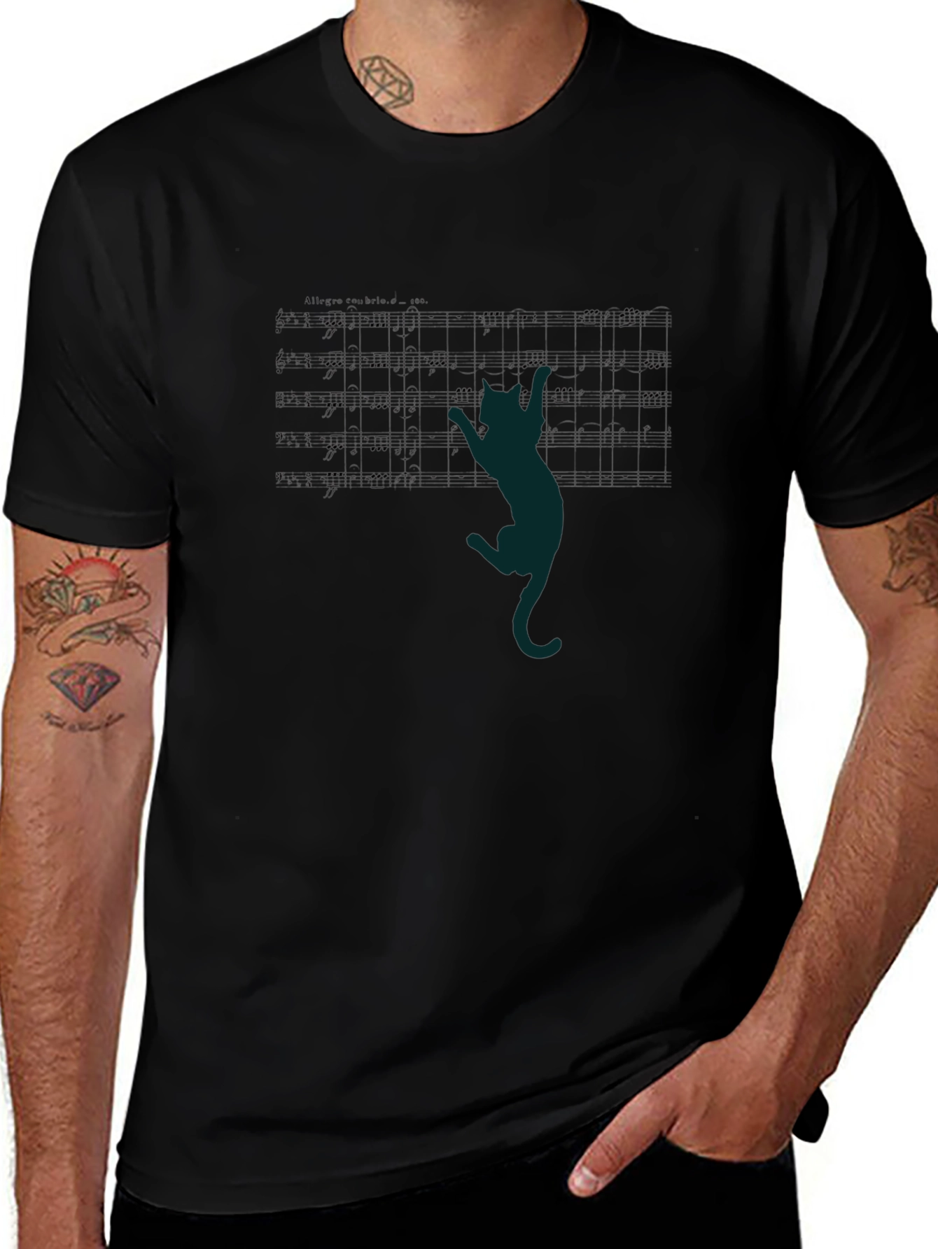 Cat Climbs Sheet Music Black T-Shirt