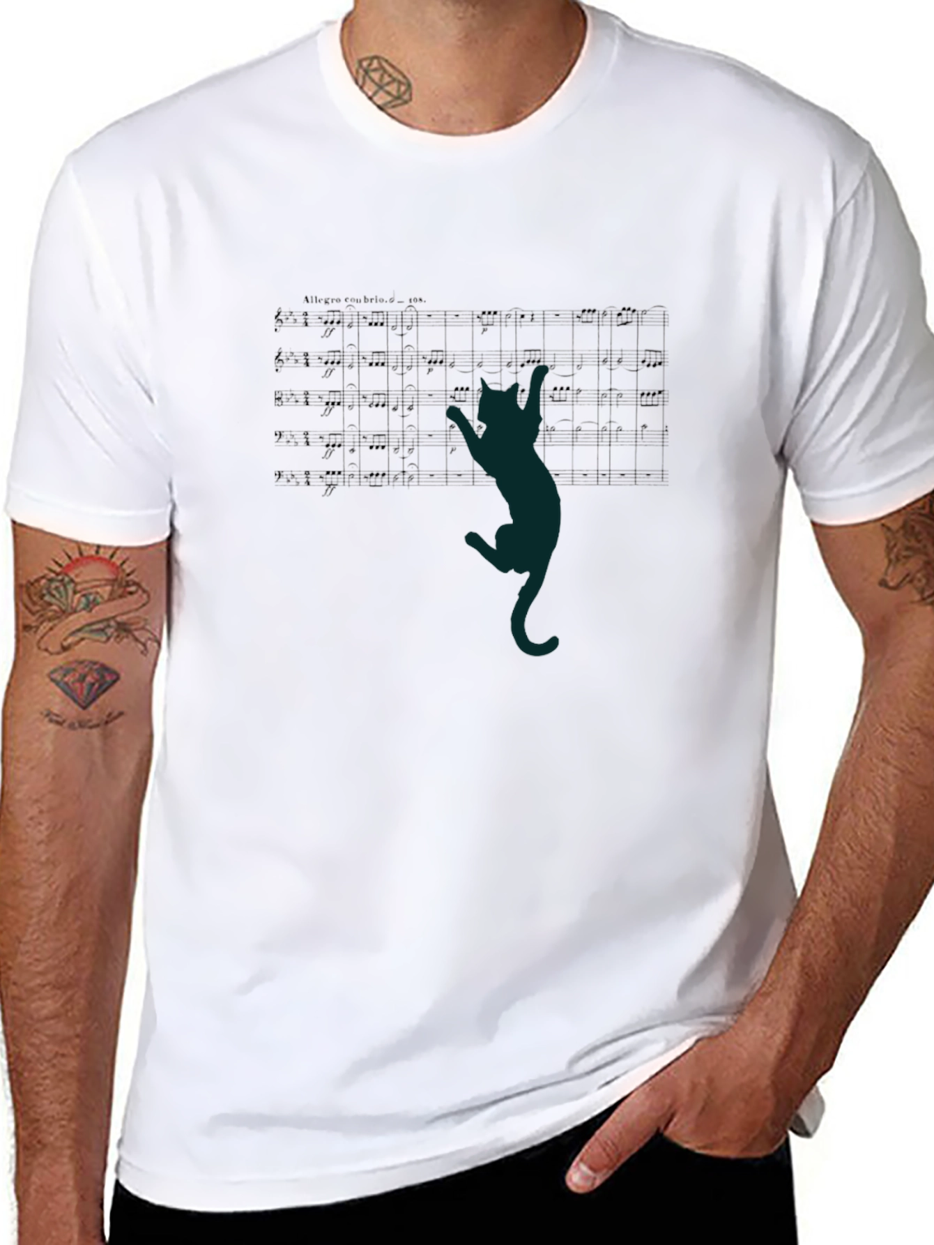 Cat Climbs Sheet Music Black T-Shirt